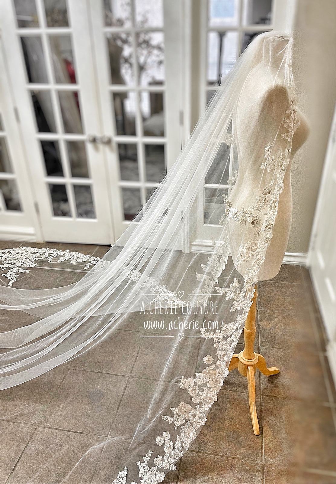 Style RV26 Hand Beaded Embroidered Floral Lace Royal Veil - A.Cherie Couture Shop