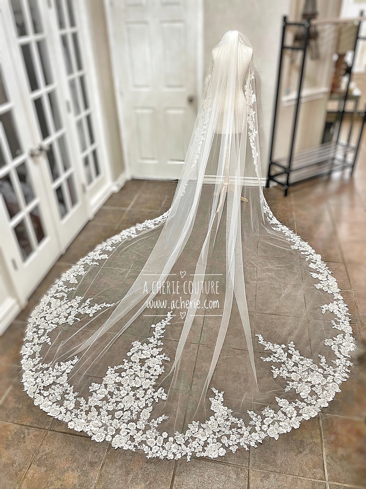 Style RV26 Hand Beaded Embroidered Floral Lace Royal Veil - A.Cherie Couture Shop