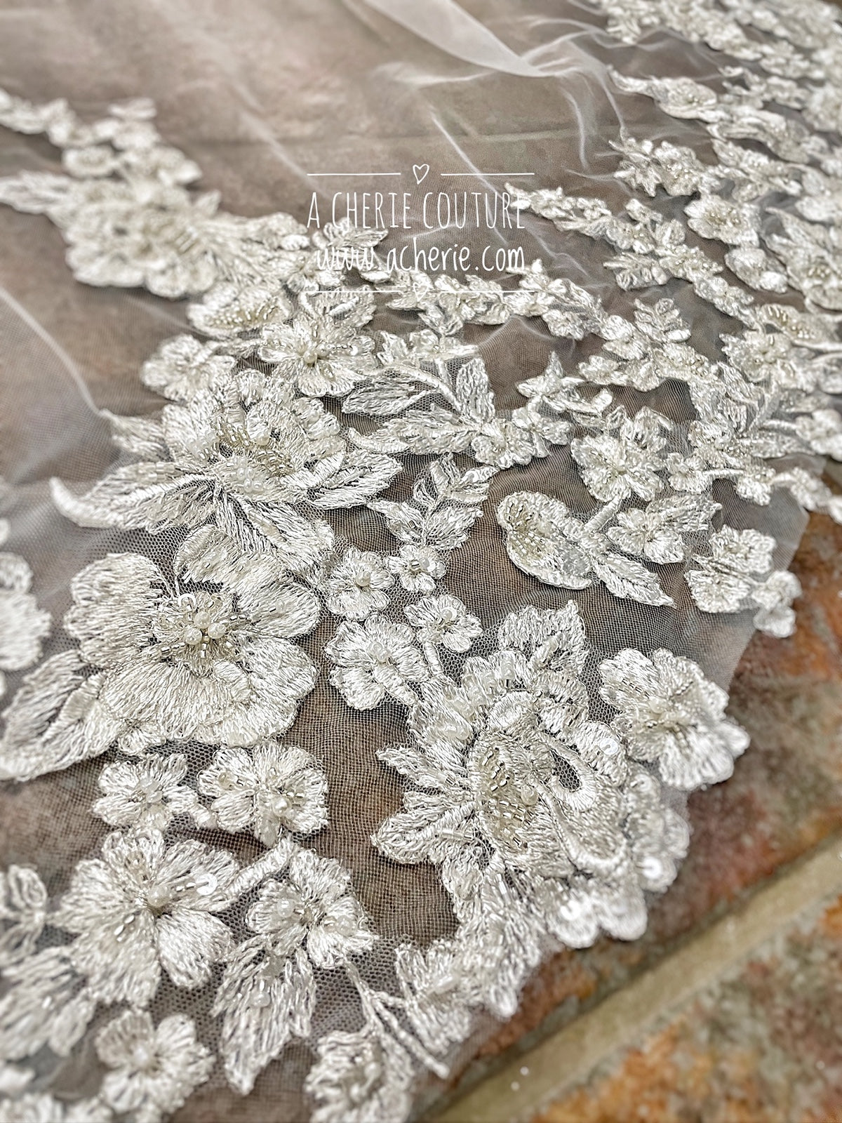 Style RV26 Hand Beaded Embroidered Floral Lace Royal Veil - A.Cherie Couture Shop