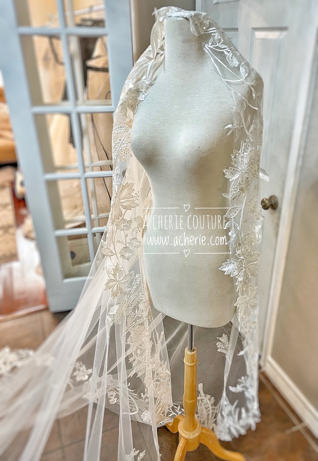 Style RV28 Sequin Embroidered Floral Lace Royal Veil - A.Cherie Couture Shop