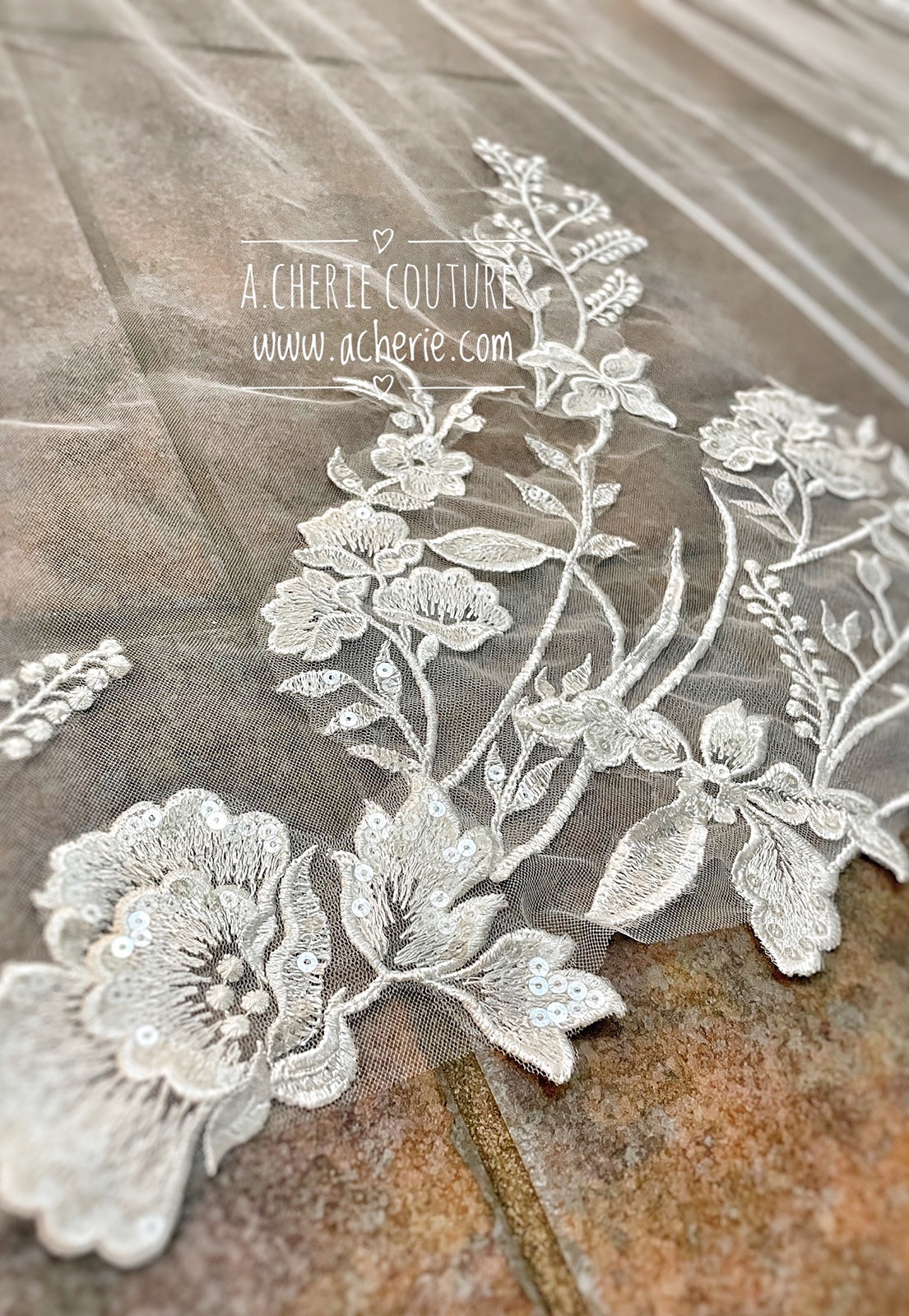 Style RV28 Sequin Embroidered Floral Lace Royal Veil - A.Cherie Couture Shop