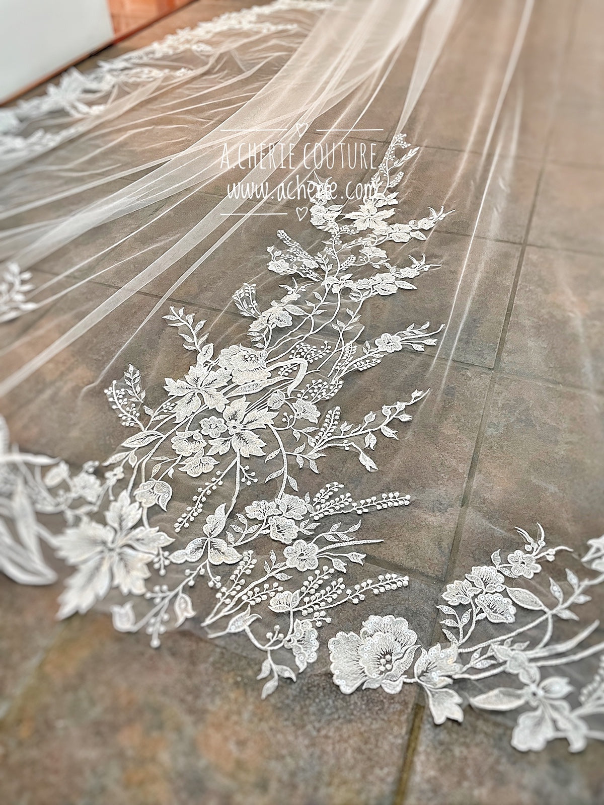 Style RV28 Sequin Embroidered Floral Lace Royal Veil - A.Cherie Couture Shop