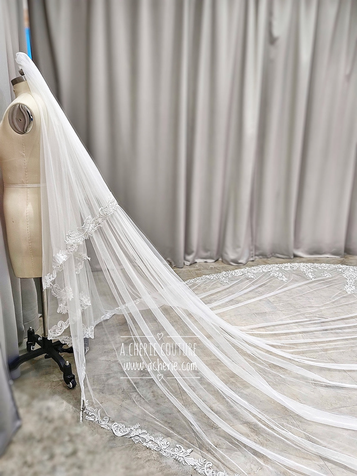 Style RV32 Sequin Floral Scroll Lace Dramatic Royal length Veil - A.Cherie Couture Shop
