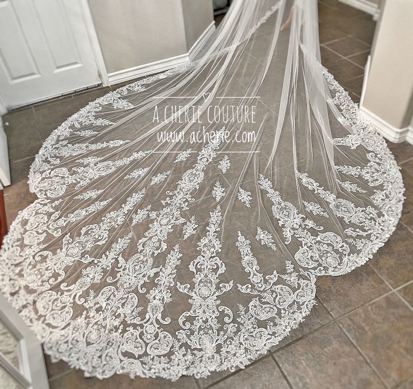 Style RV32 Sequin Floral Scroll Lace Dramatic Royal length Veil - A.Cherie Couture Shop