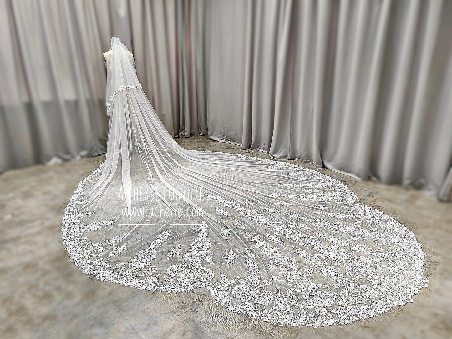 Style RV32 Sequin Floral Scroll Lace Dramatic Royal length Veil - A.Cherie Couture Shop