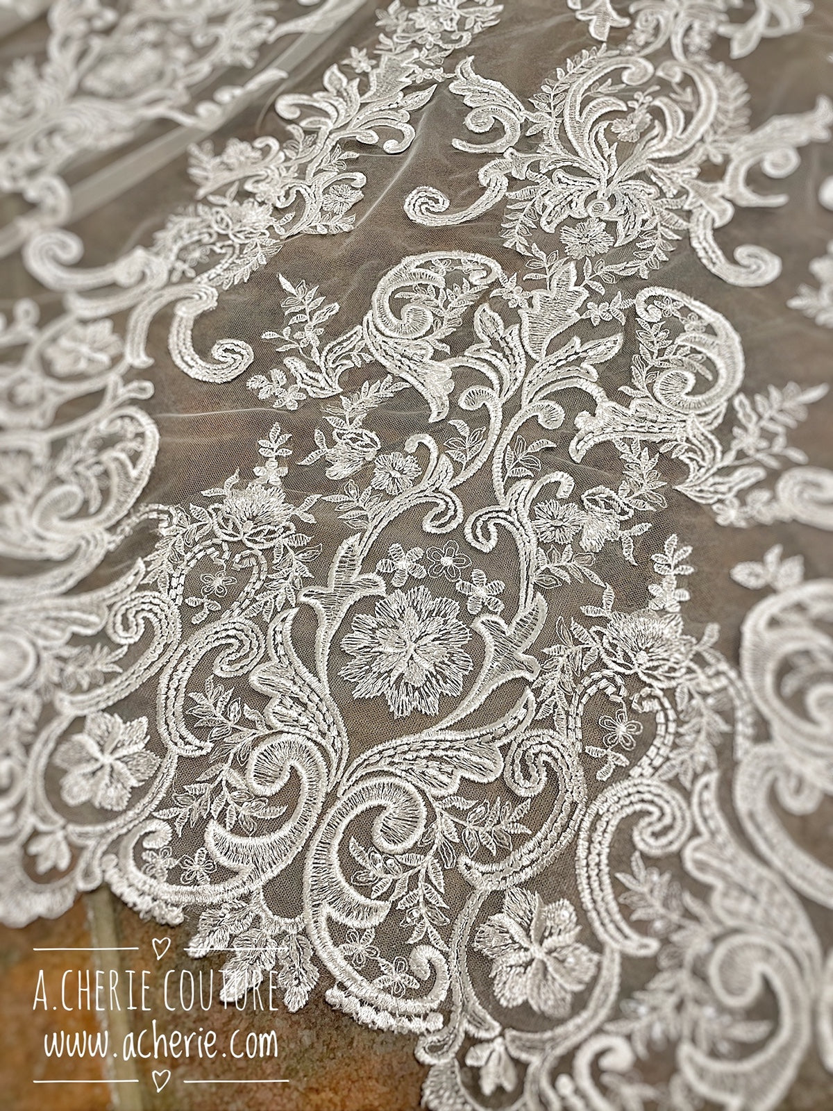 Style RV32 Sequin Floral Scroll Lace Dramatic Royal length Veil - A.Cherie Couture Shop