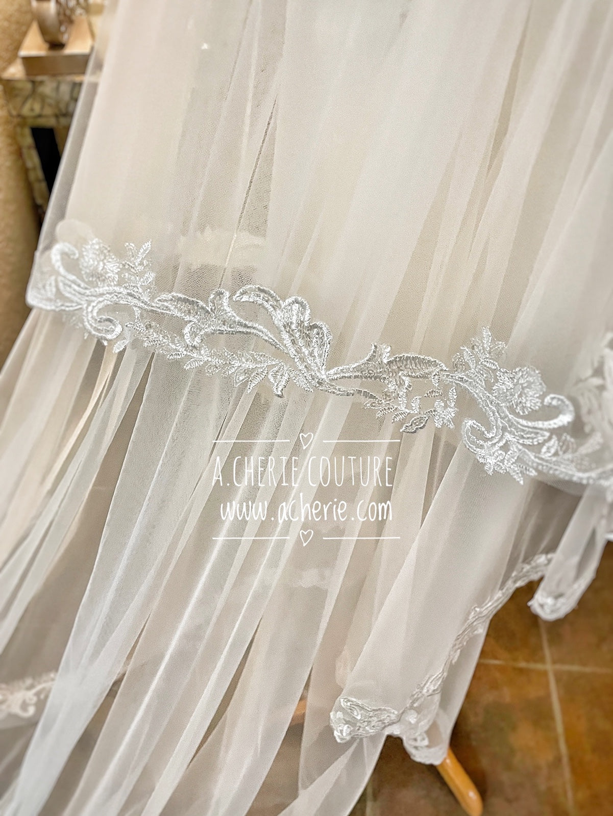 Style RV32 Sequin Floral Scroll Lace Dramatic Royal length Veil - A.Cherie Couture Shop