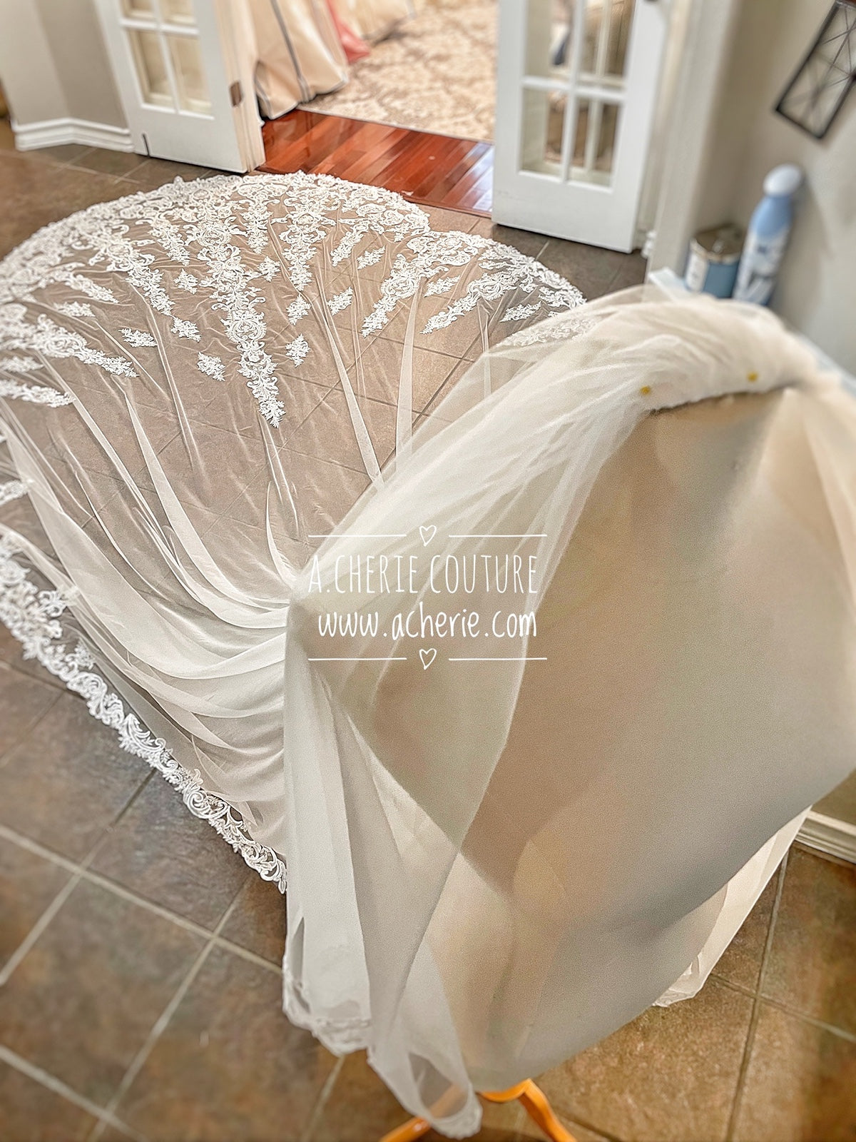 Style RV32 Sequin Floral Scroll Lace Dramatic Royal length Veil - A.Cherie Couture Shop
