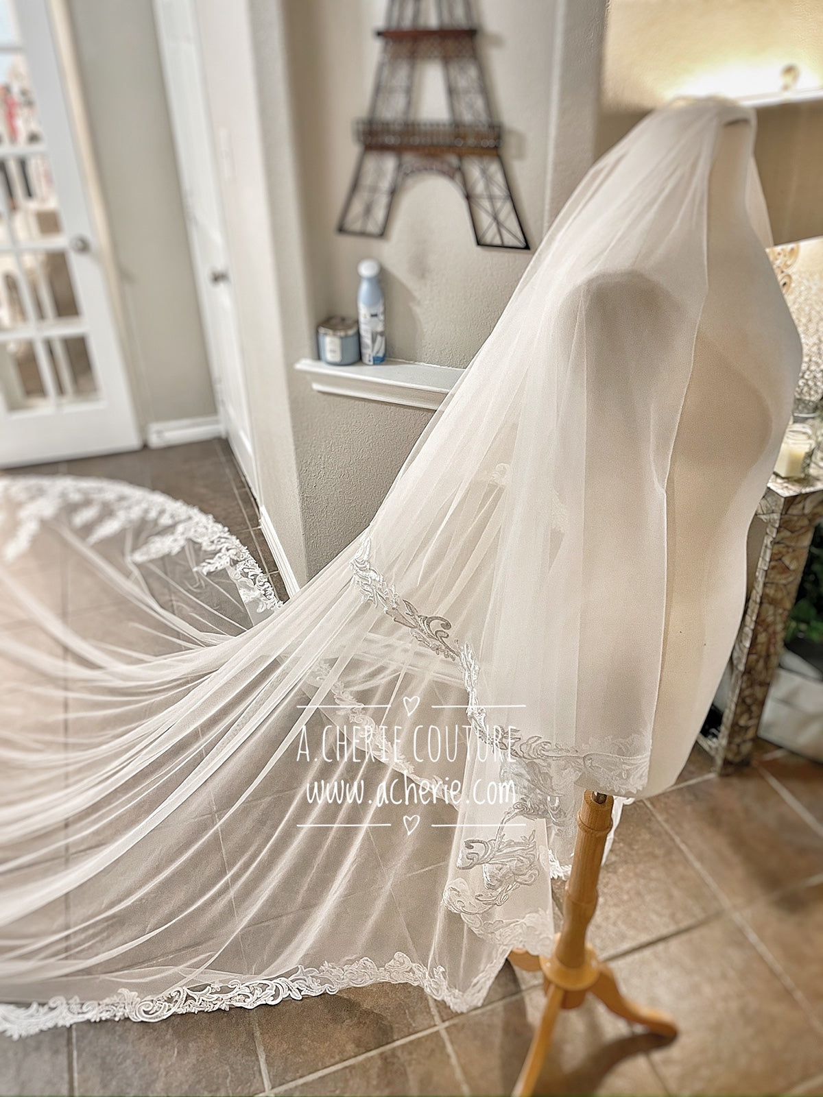 Style RV32 Sequin Floral Scroll Lace Dramatic Royal length Veil - A.Cherie Couture Shop