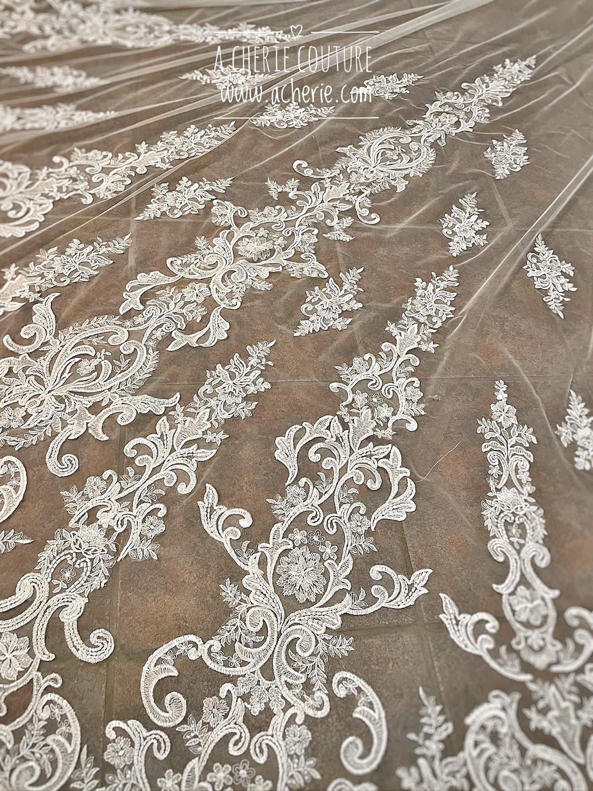 Style RV32 Sequin Floral Scroll Lace Dramatic Royal length Veil - A.Cherie Couture Shop