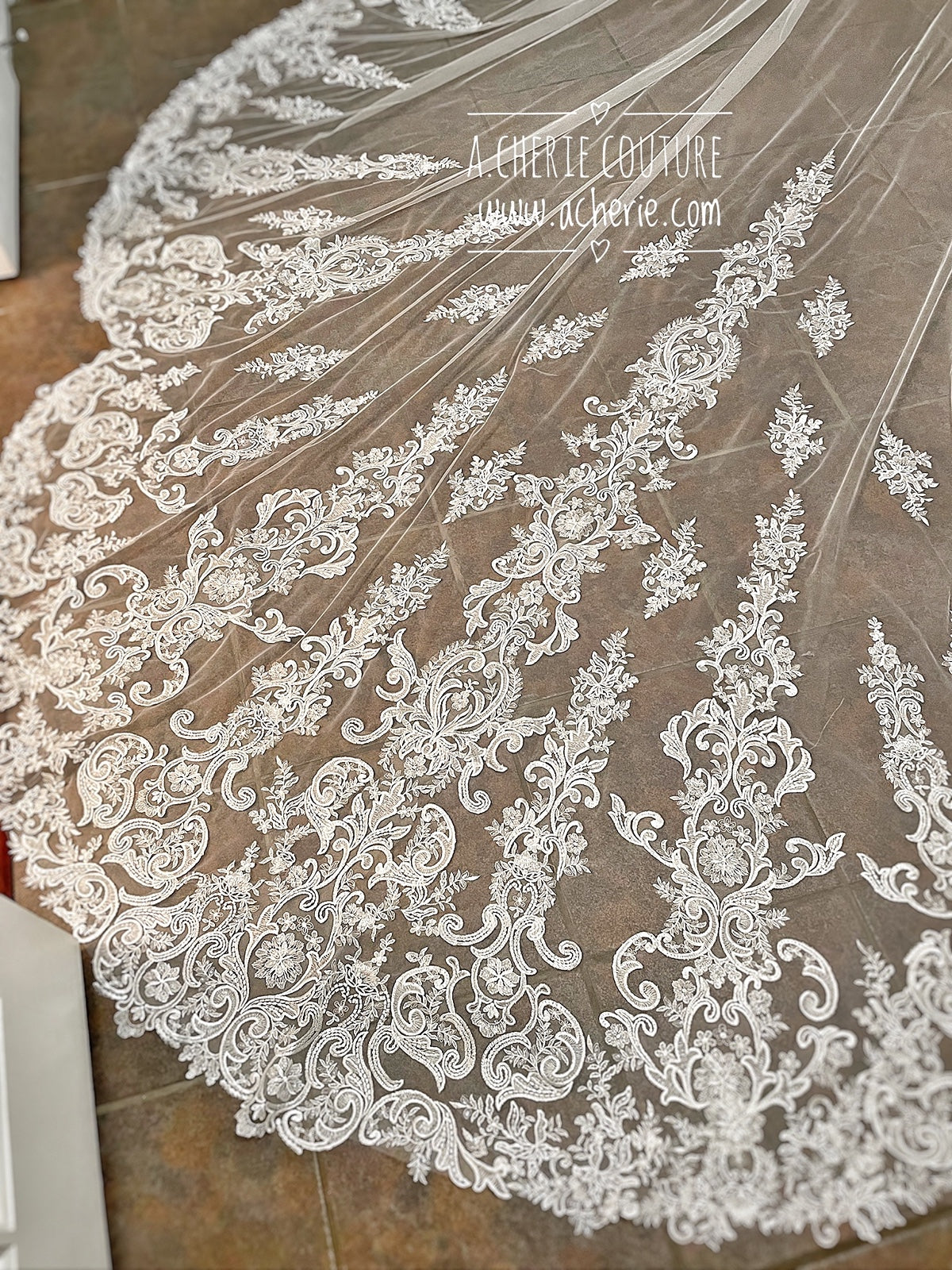 Style RV32 Sequin Floral Scroll Lace Dramatic Royal length Veil - A.Cherie Couture Shop