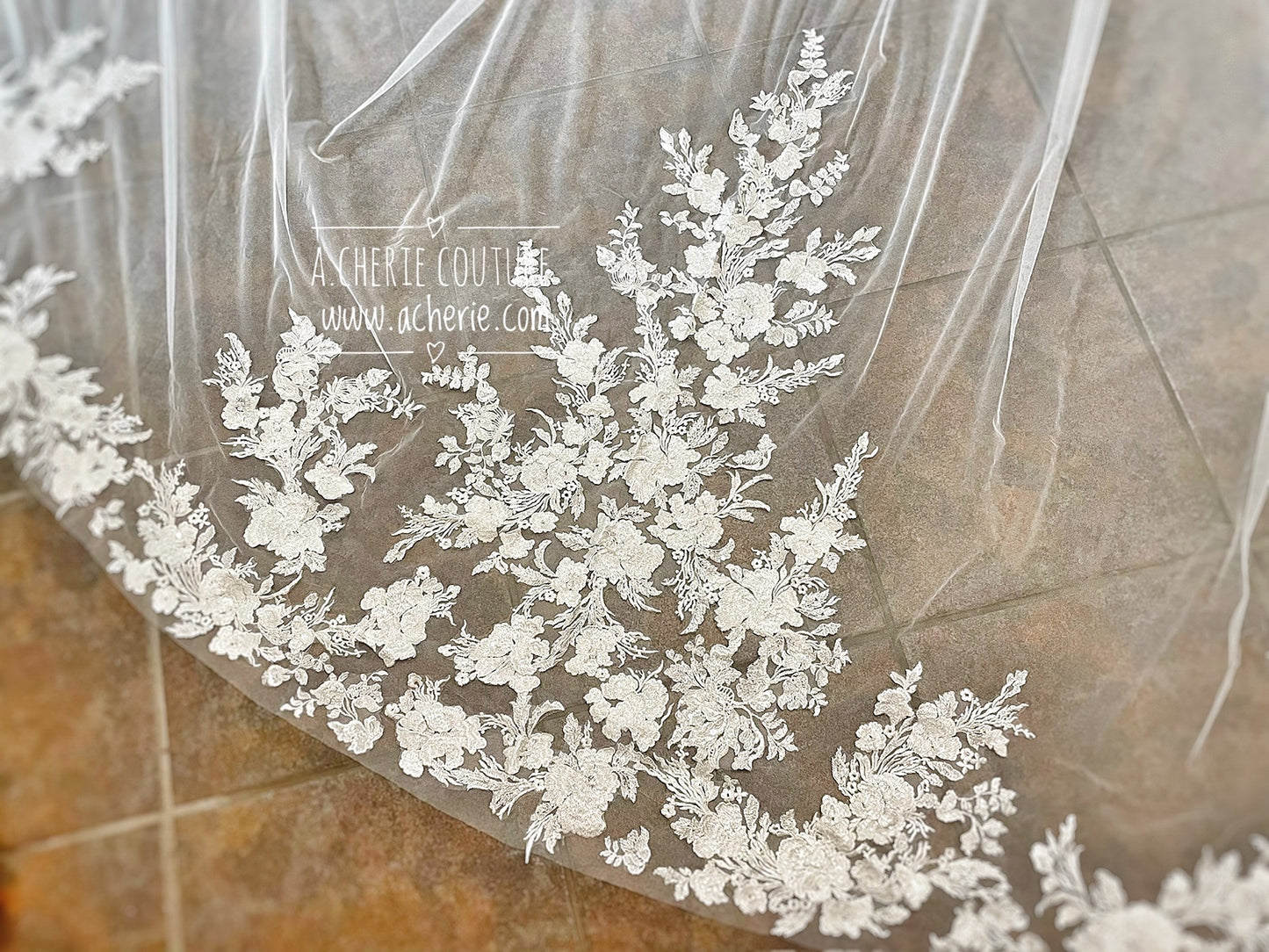 Style RV33 Sequin Floral Lace Royal Veil - A.Cherie Couture Shop