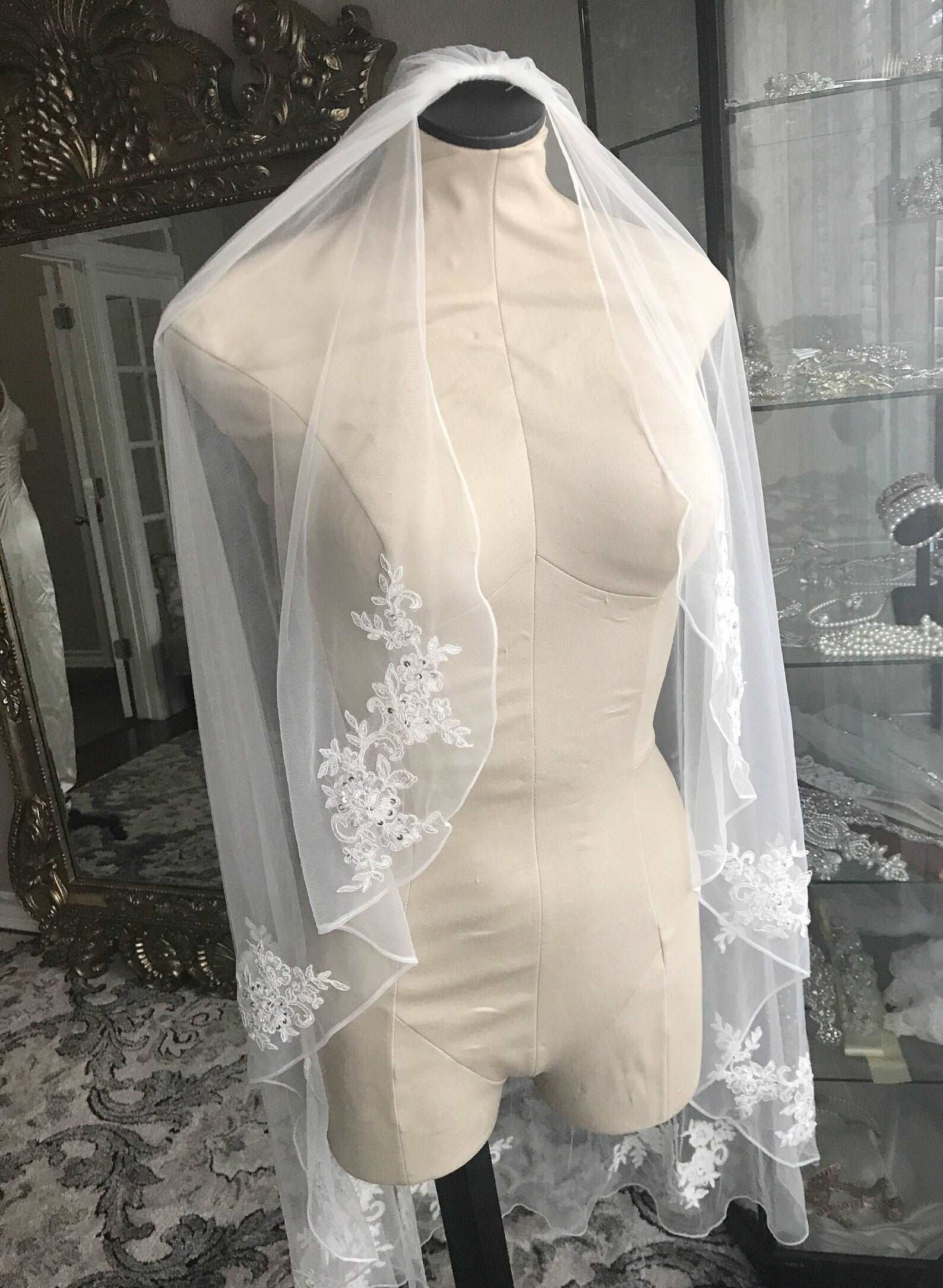 Beaded Floral Lace Short Veil - A.Cherie Couture Shop