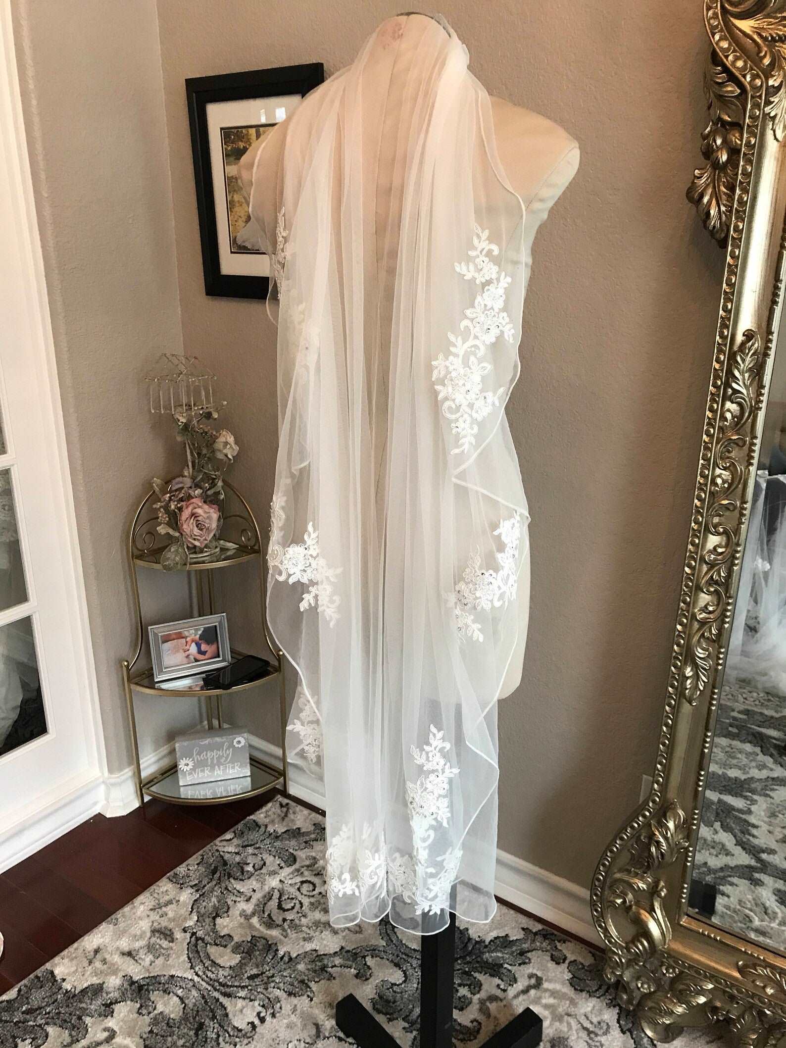 Beaded Floral Lace Short Veil - A.Cherie Couture Shop