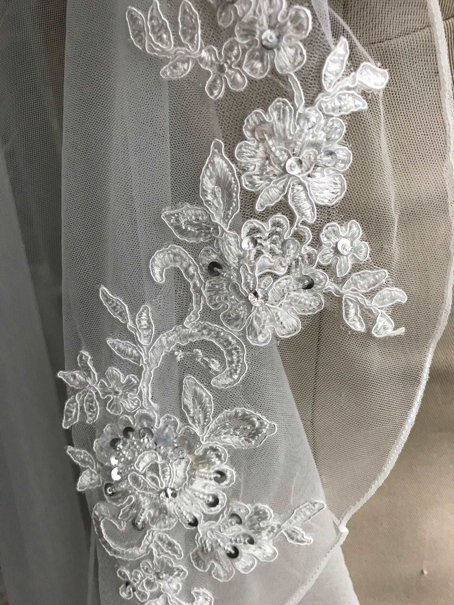 Beaded Floral Lace Short Veil - A.Cherie Couture Shop