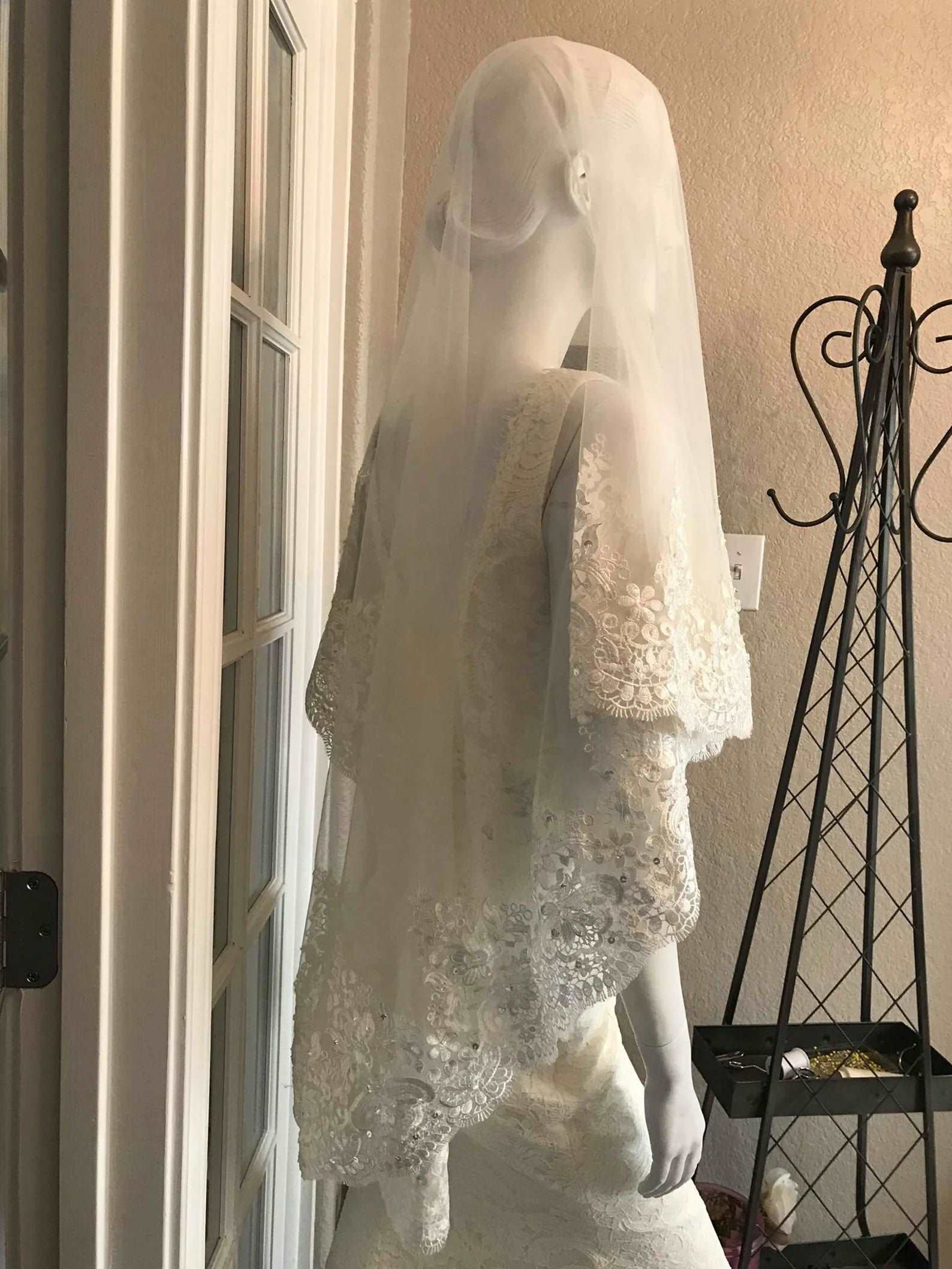 Beaded Wide Scroll & Floral Lace Short Veil - A.Cherie Couture Shop