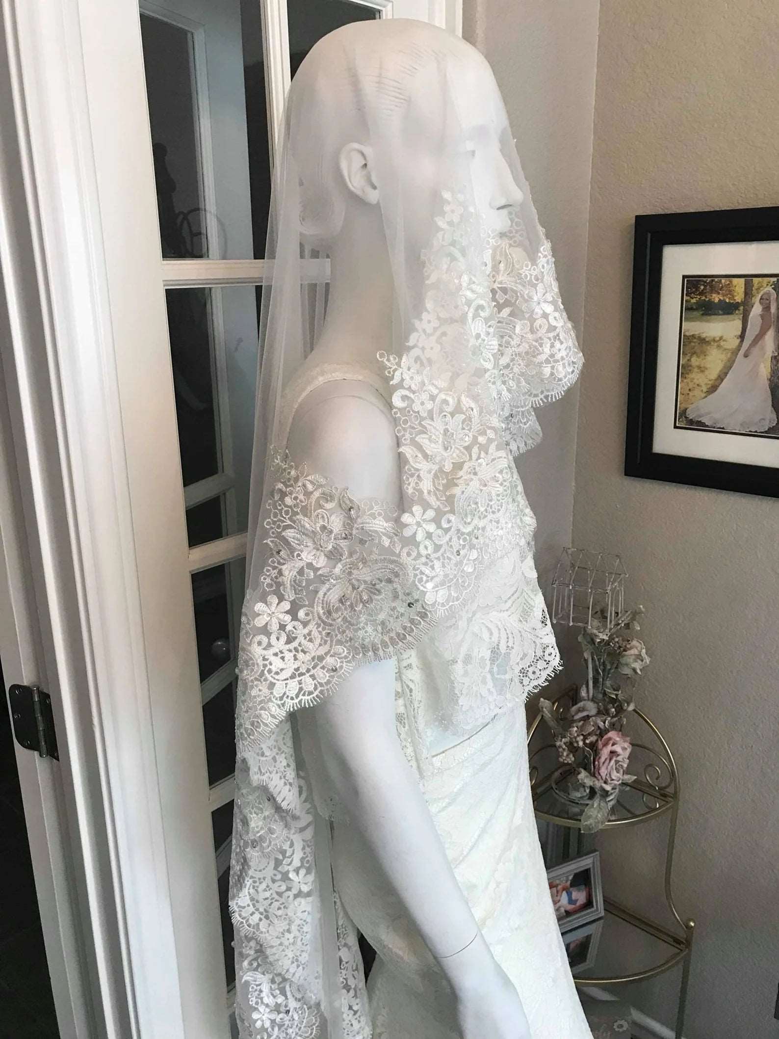 Beaded Wide Scroll & Floral Lace Short Veil - A.Cherie Couture Shop