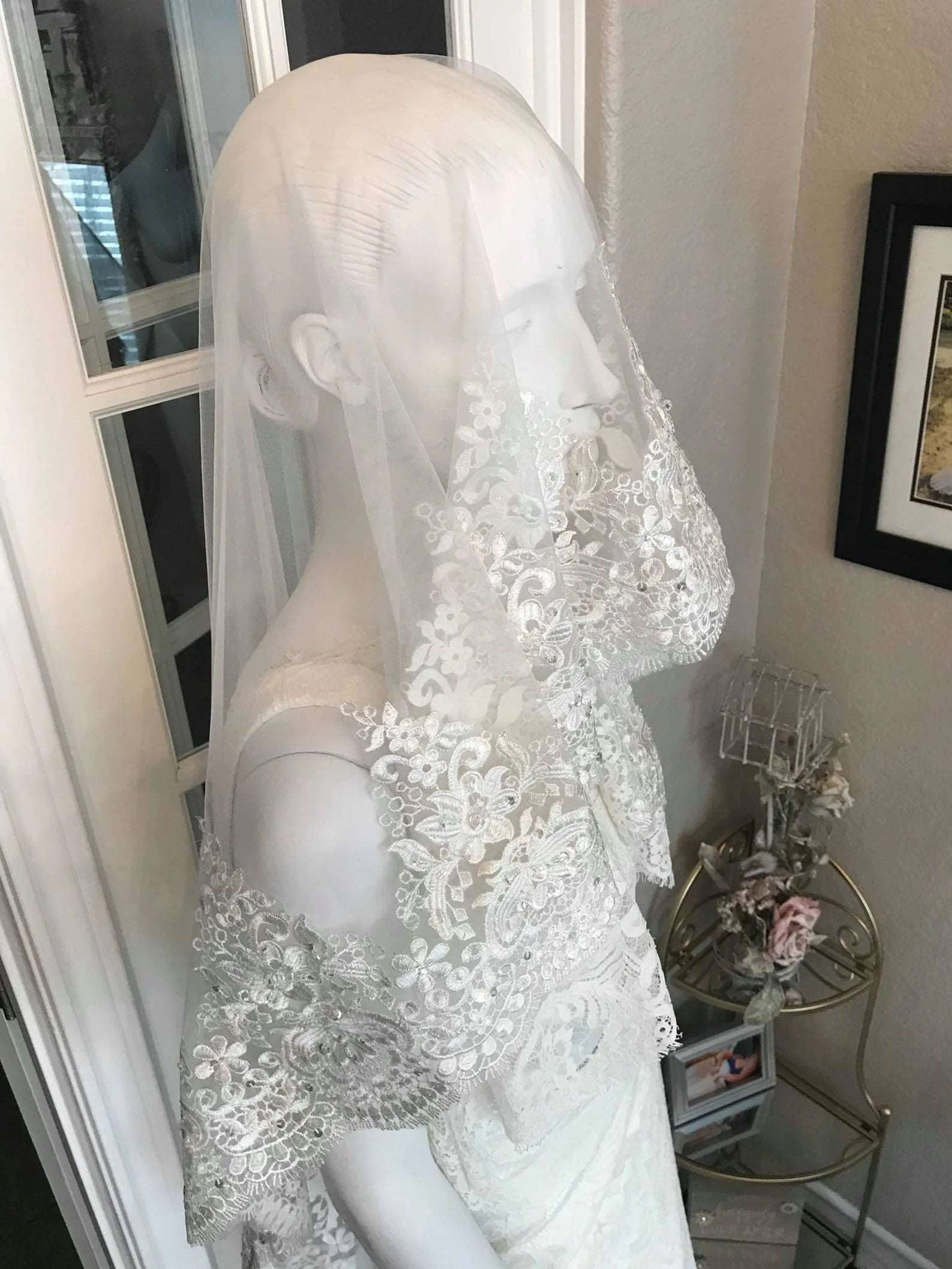 Beaded Wide Scroll & Floral Lace Short Veil - A.Cherie Couture Shop