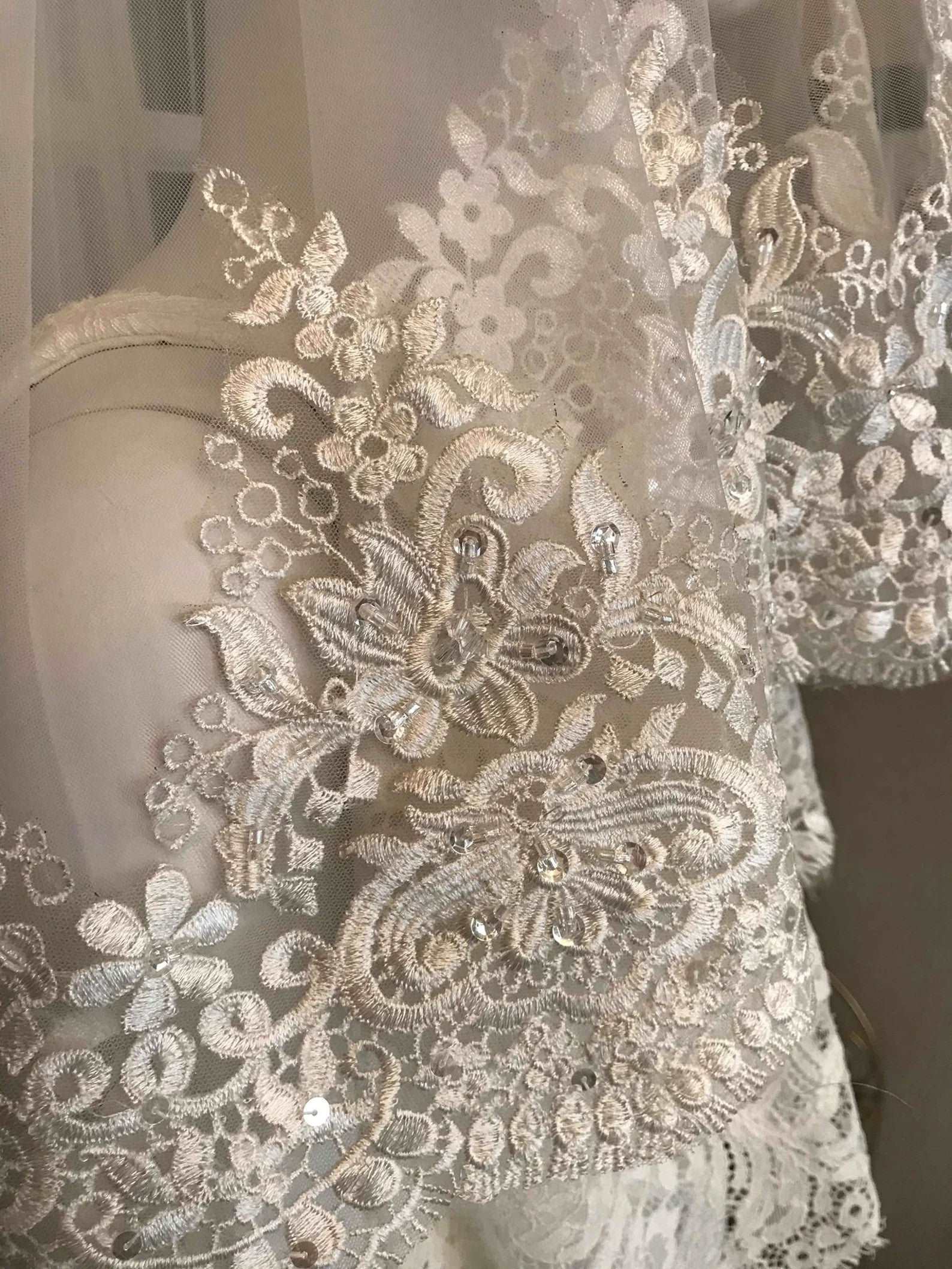 Beaded Wide Scroll & Floral Lace Short Veil - A.Cherie Couture Shop