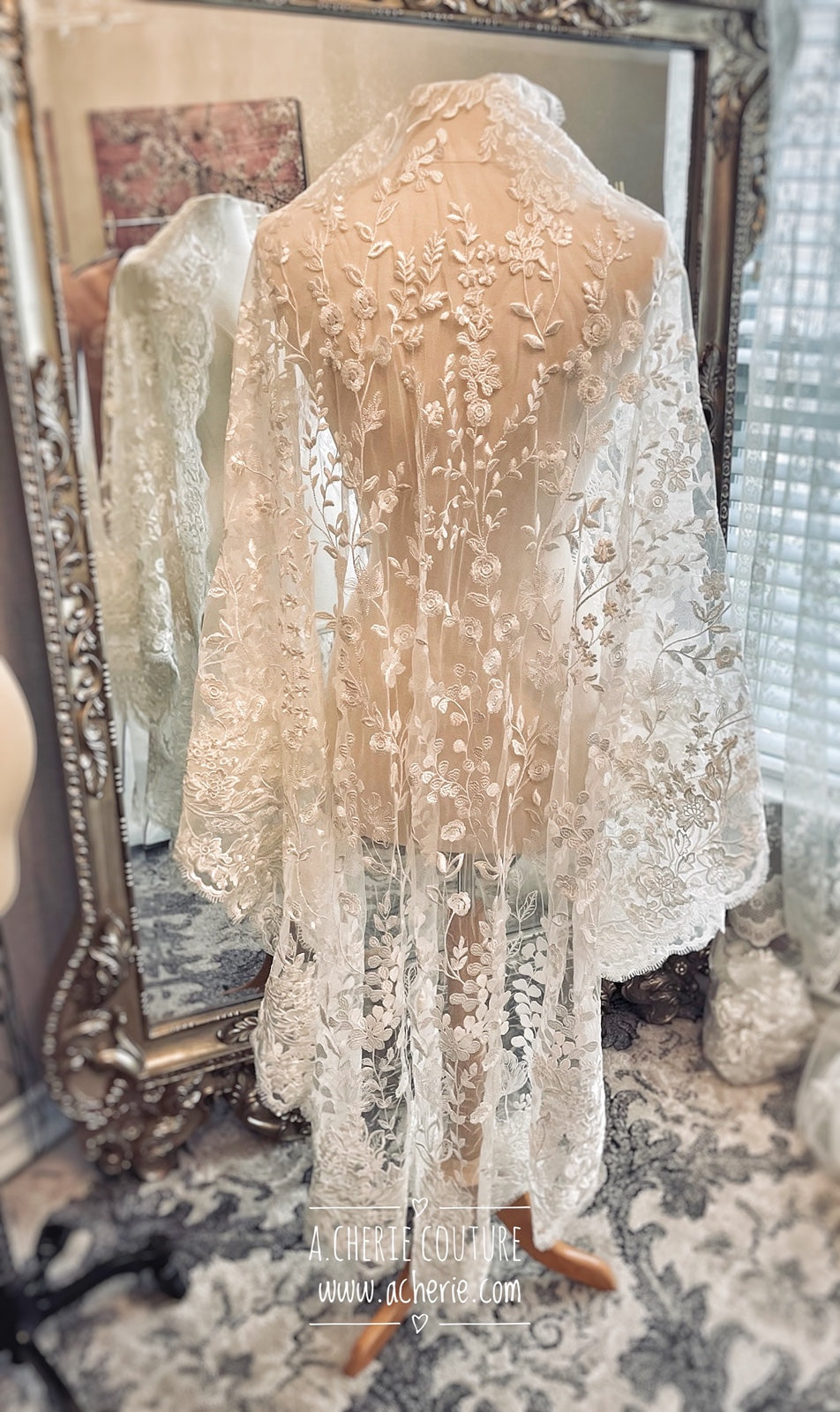 Style SV09 Scallop Edge Floral Lace Covered Short Veil - A.Cherie Couture Shop