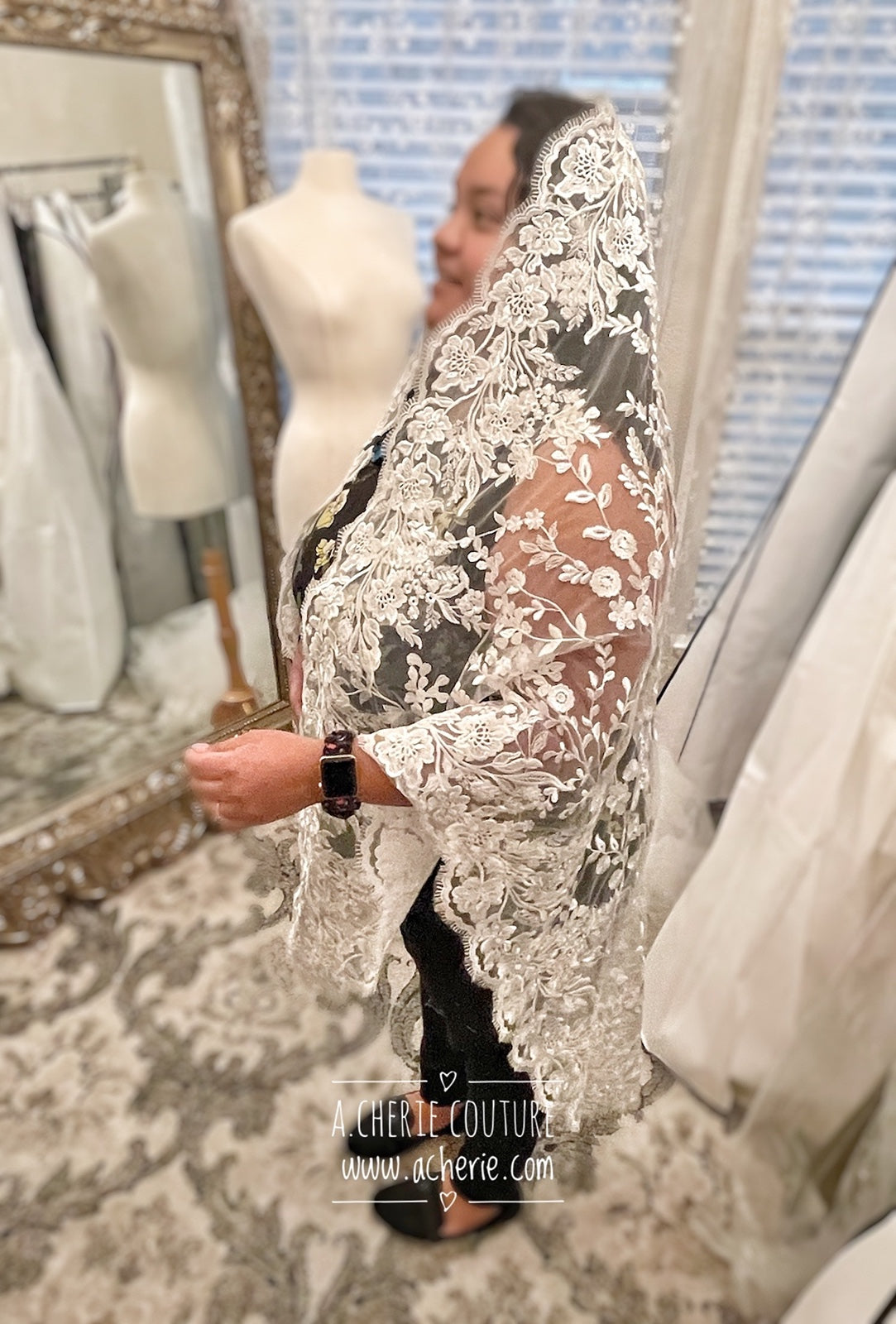 Style SV09 Scallop Edge Floral Lace Covered Short Veil - A.Cherie Couture Shop
