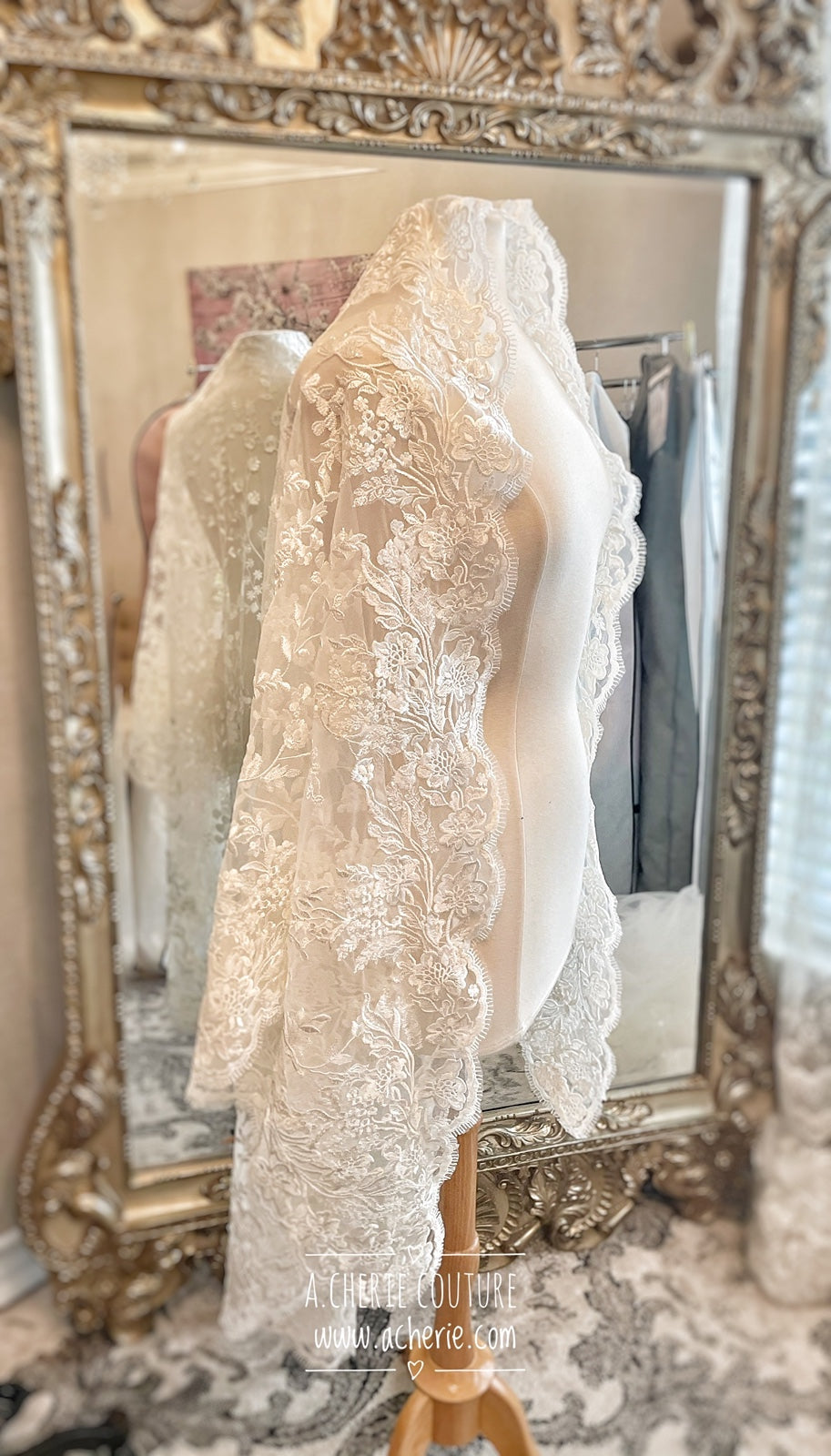 Style SV09 Scallop Edge Floral Lace Covered Short Veil - A.Cherie Couture Shop