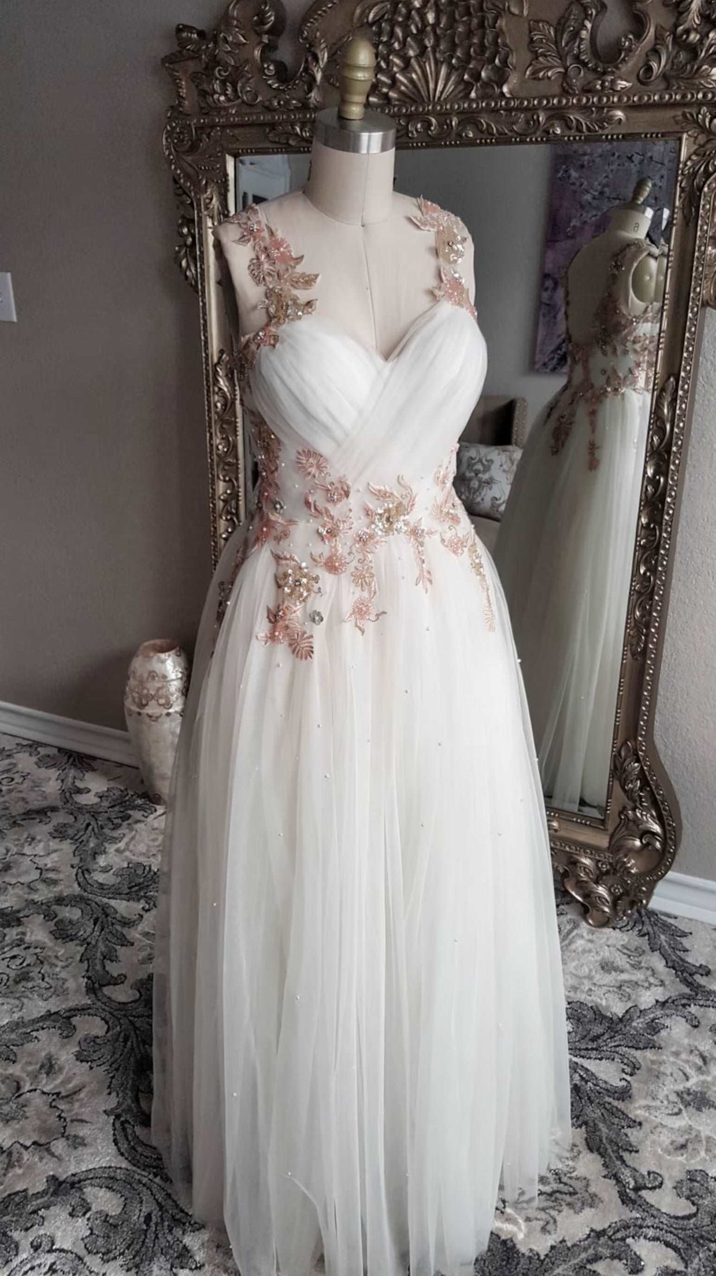 Gold & Blush Floral Embroidered Beaded A-Line Wedding Dress Olivia - A.Cherie Couture Shop