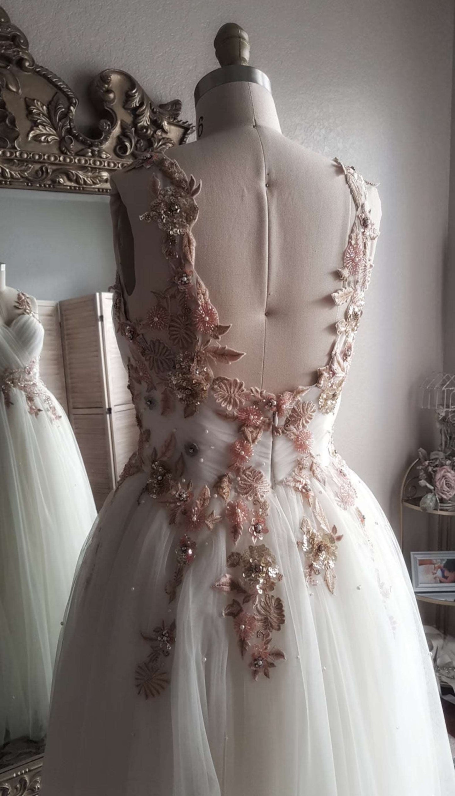 Gold & Blush Floral Embroidered Beaded A-Line Wedding Dress Olivia - A.Cherie Couture Shop