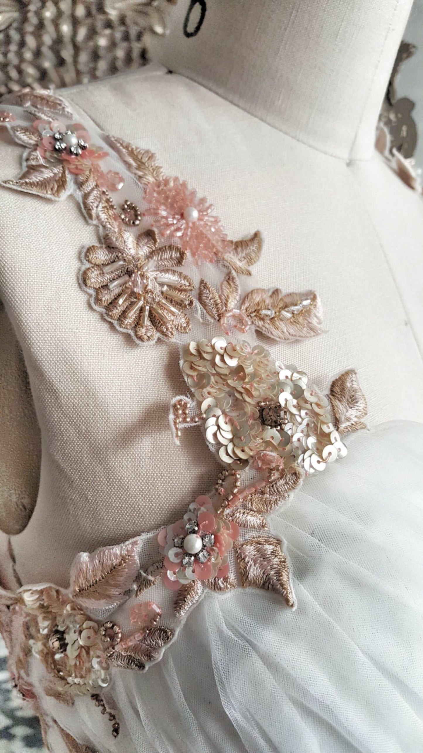 Gold & Blush Floral Embroidered Beaded A-Line Wedding Dress Olivia - A.Cherie Couture Shop