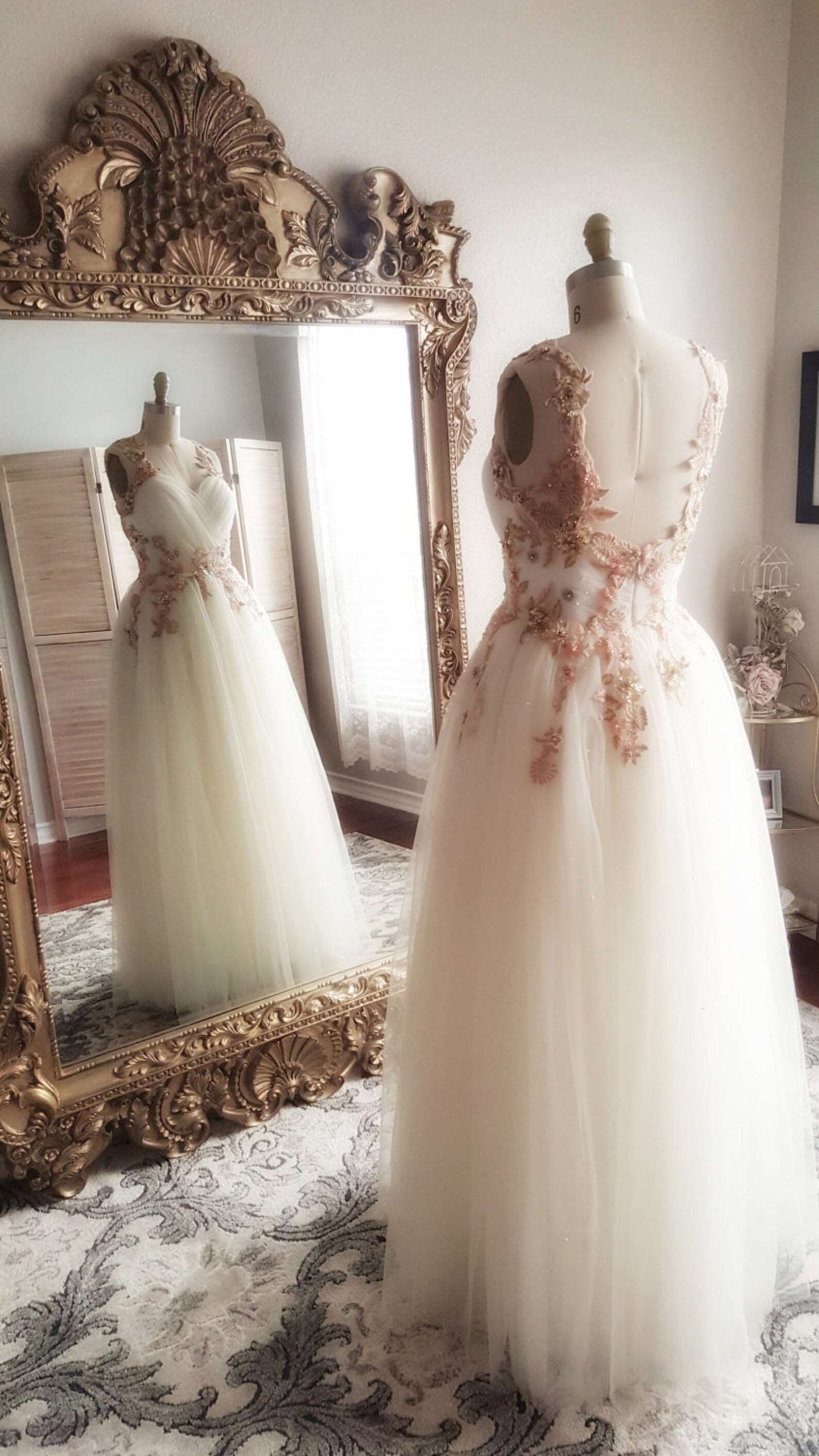 Gold & Blush Floral Embroidered Beaded A-Line Wedding Dress Olivia - A.Cherie Couture Shop
