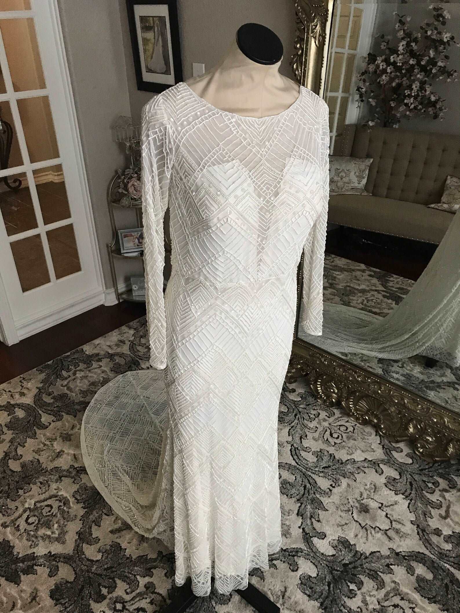 Made to Order Art Deco Beaded Fit & Flare Wedding Dress | Shop A.Cherie Light Ivory / US26 Made to Order Art Deco Beaded Fit & Flare Wedding Dress | Shop A.Cherie Light Ivory / US26