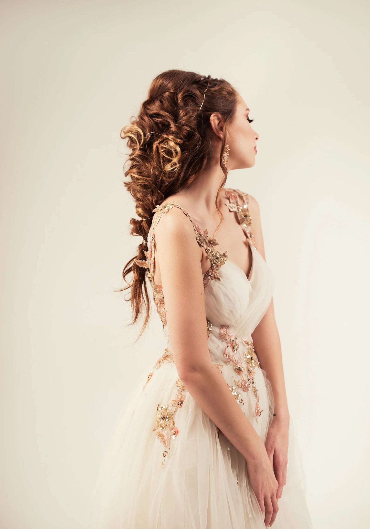 Gold & Blush Floral Embroidered Beaded A-Line Wedding Dress Olivia - A.Cherie Couture Shop