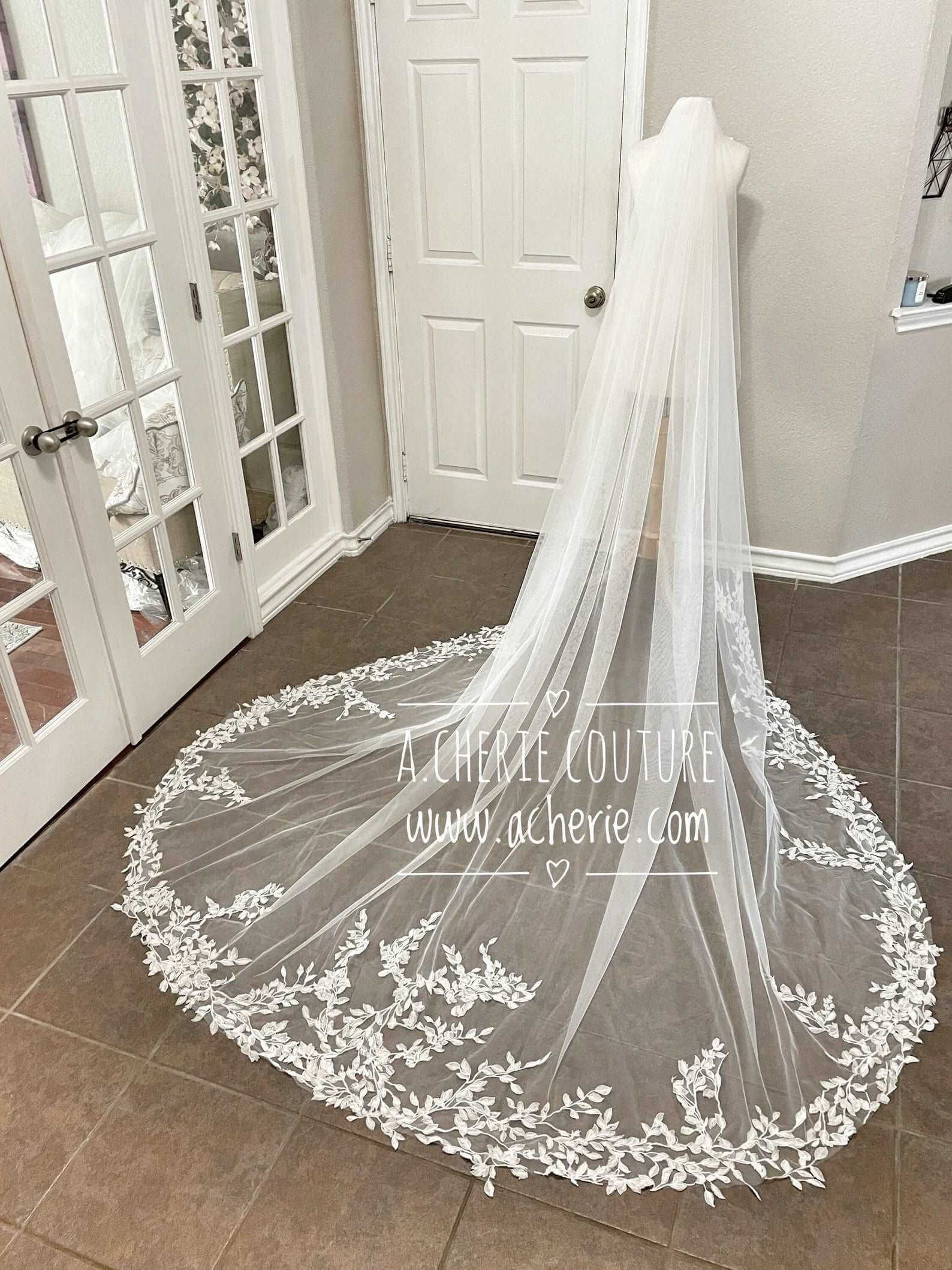 Floral Leaf Lace Veil. Fingertip Veil Cathedral Bridal Veil 