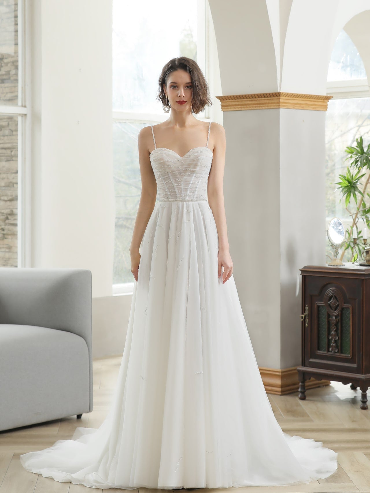 Ruched Bodice Pearl Detailing A-Line Wedding Dress | Shop A.Cherie Light Ivory / US6 Ruched Bodice Pearl Detailing A-Line Wedding Dress | Shop A.Cherie Light Ivory / US6