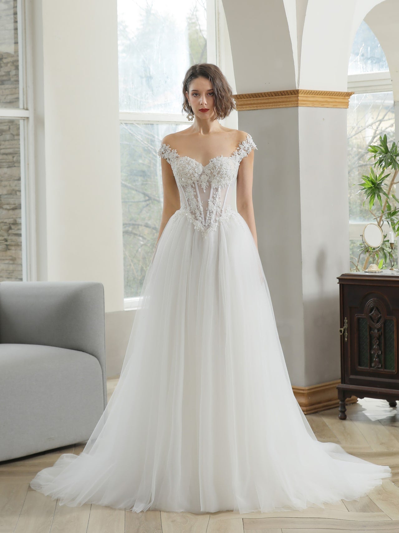 Off Shoulder Heavily Beaded Floral Lace A-Line Wedding Dress Estelle - A.Cherie Couture Shop