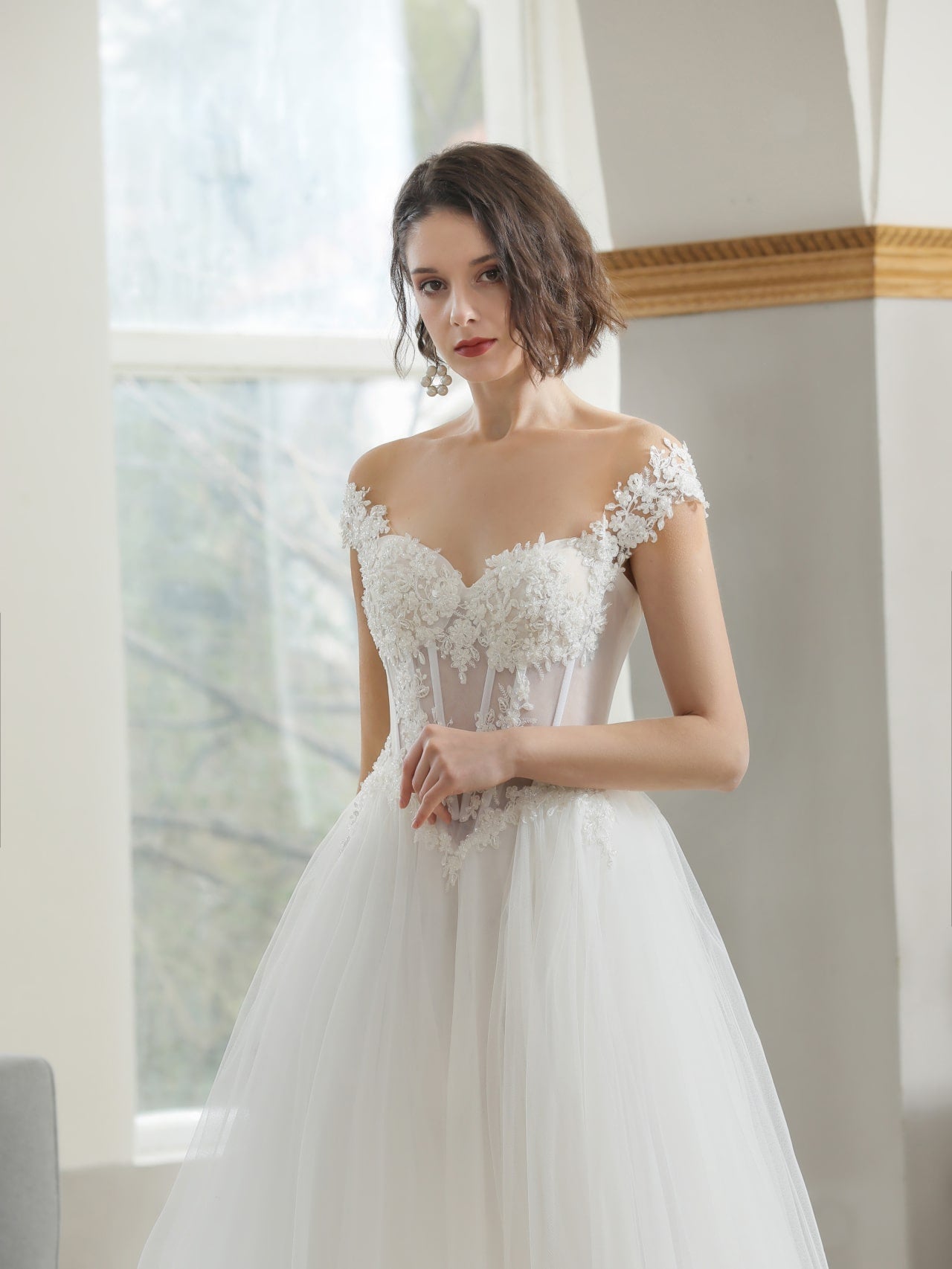 Off Shoulder Heavily Beaded Floral Lace A-Line Wedding Dress Estelle - A.Cherie Couture Shop