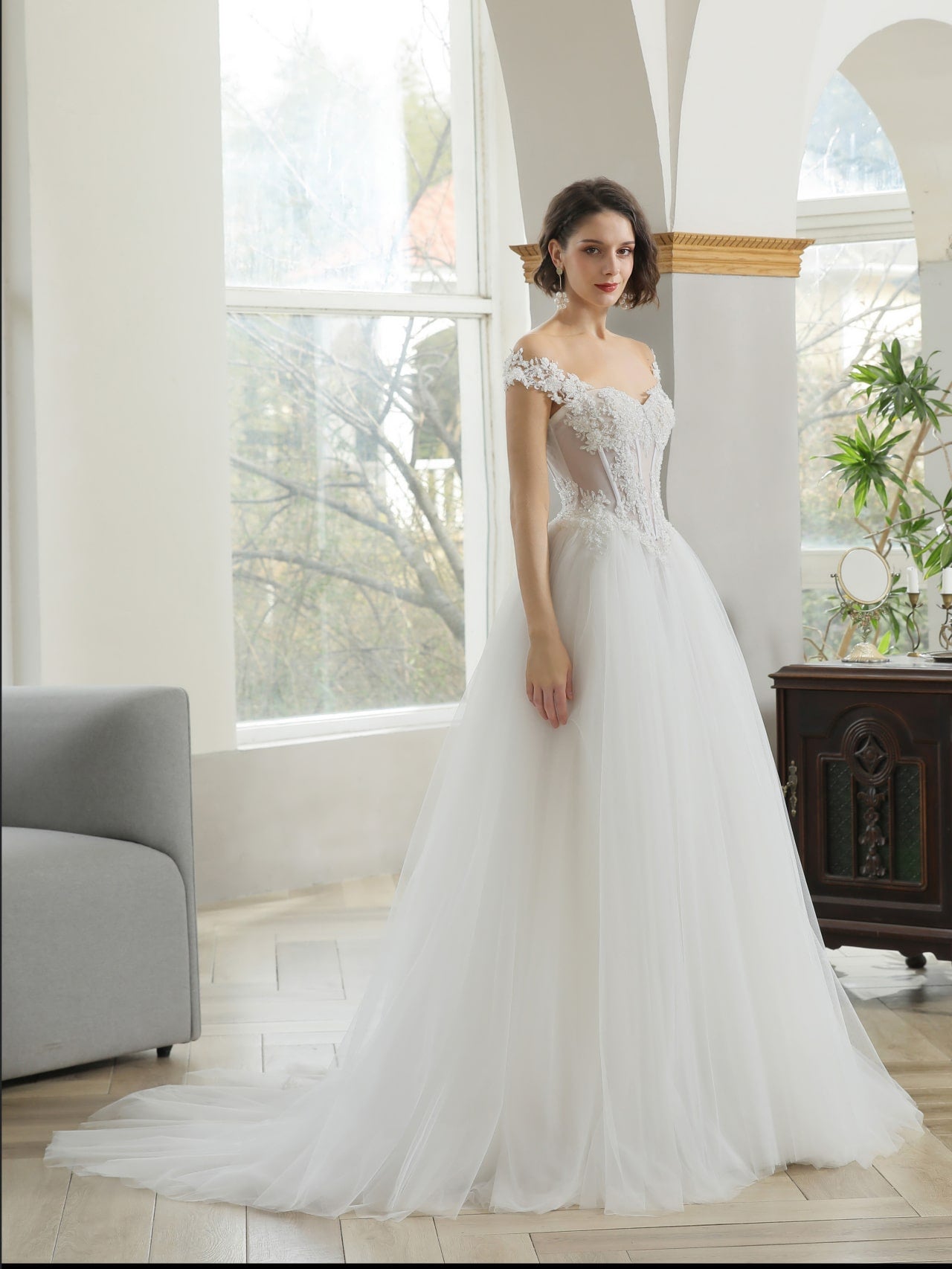 Off Shoulder Heavily Beaded Floral Lace A-Line Wedding Dress Estelle - A.Cherie Couture Shop