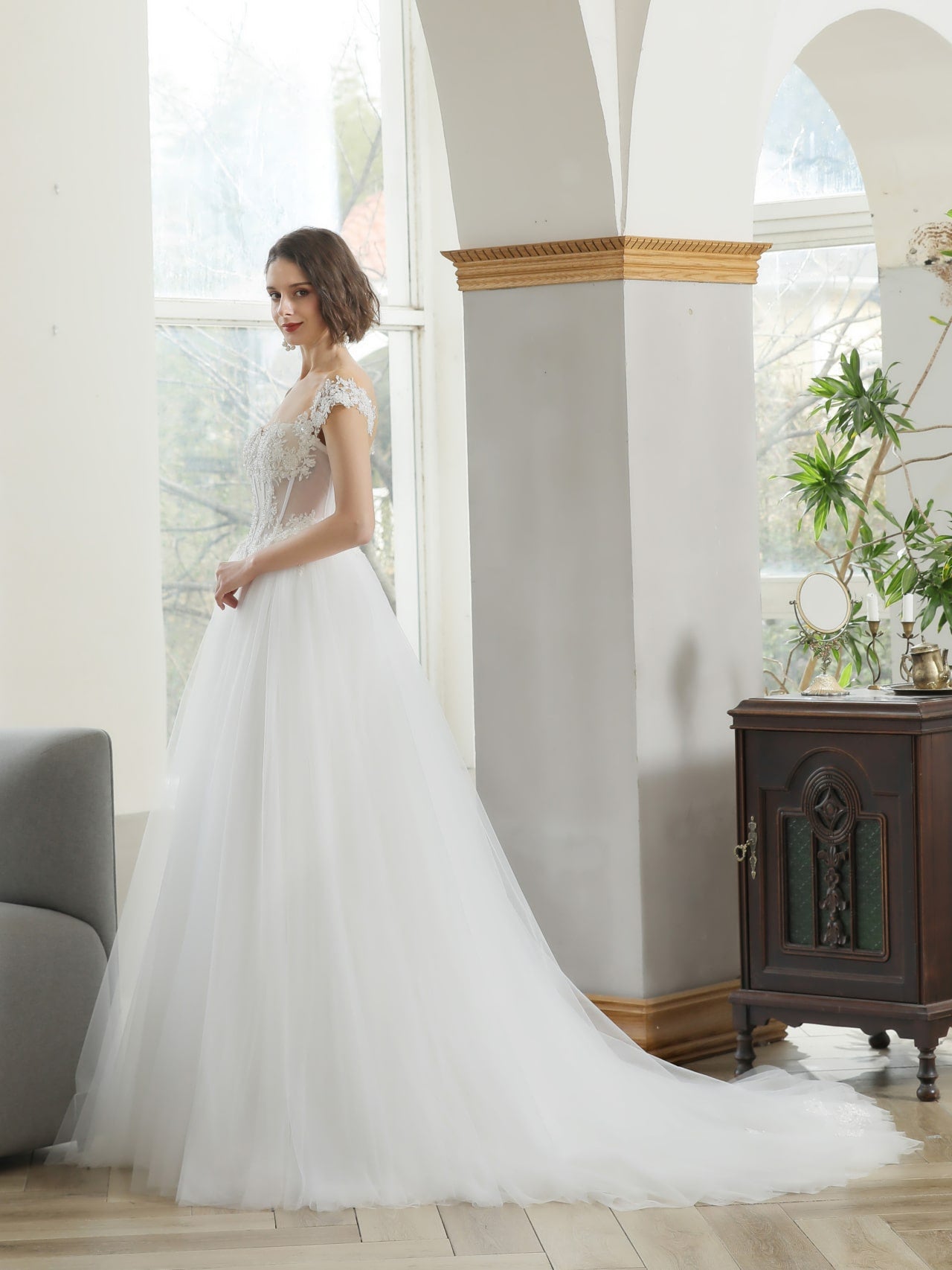 Off Shoulder Heavily Beaded Floral Lace A-Line Wedding Dress Estelle - A.Cherie Couture Shop