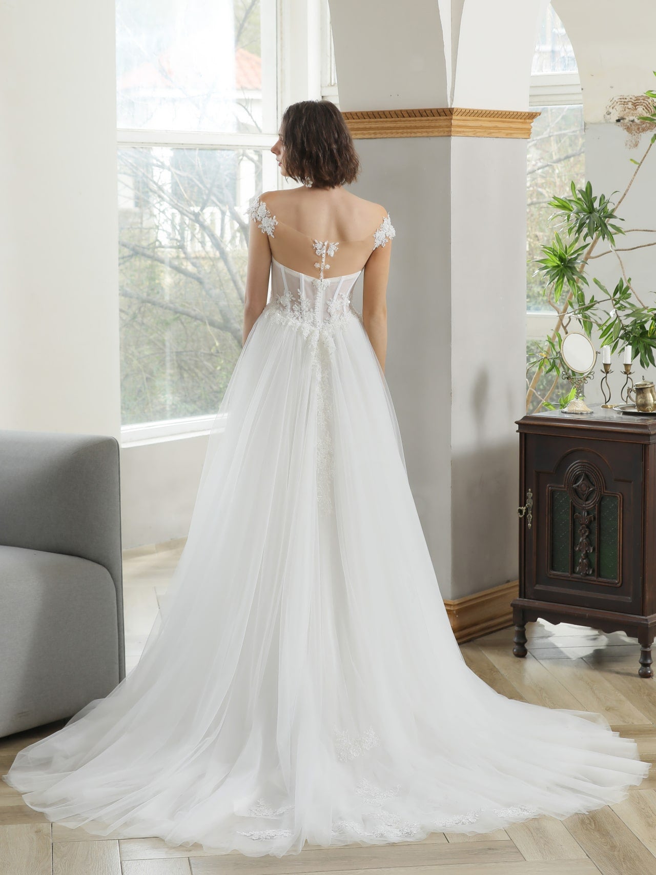 Off Shoulder Heavily Beaded Floral Lace A-Line Wedding Dress Estelle - A.Cherie Couture Shop