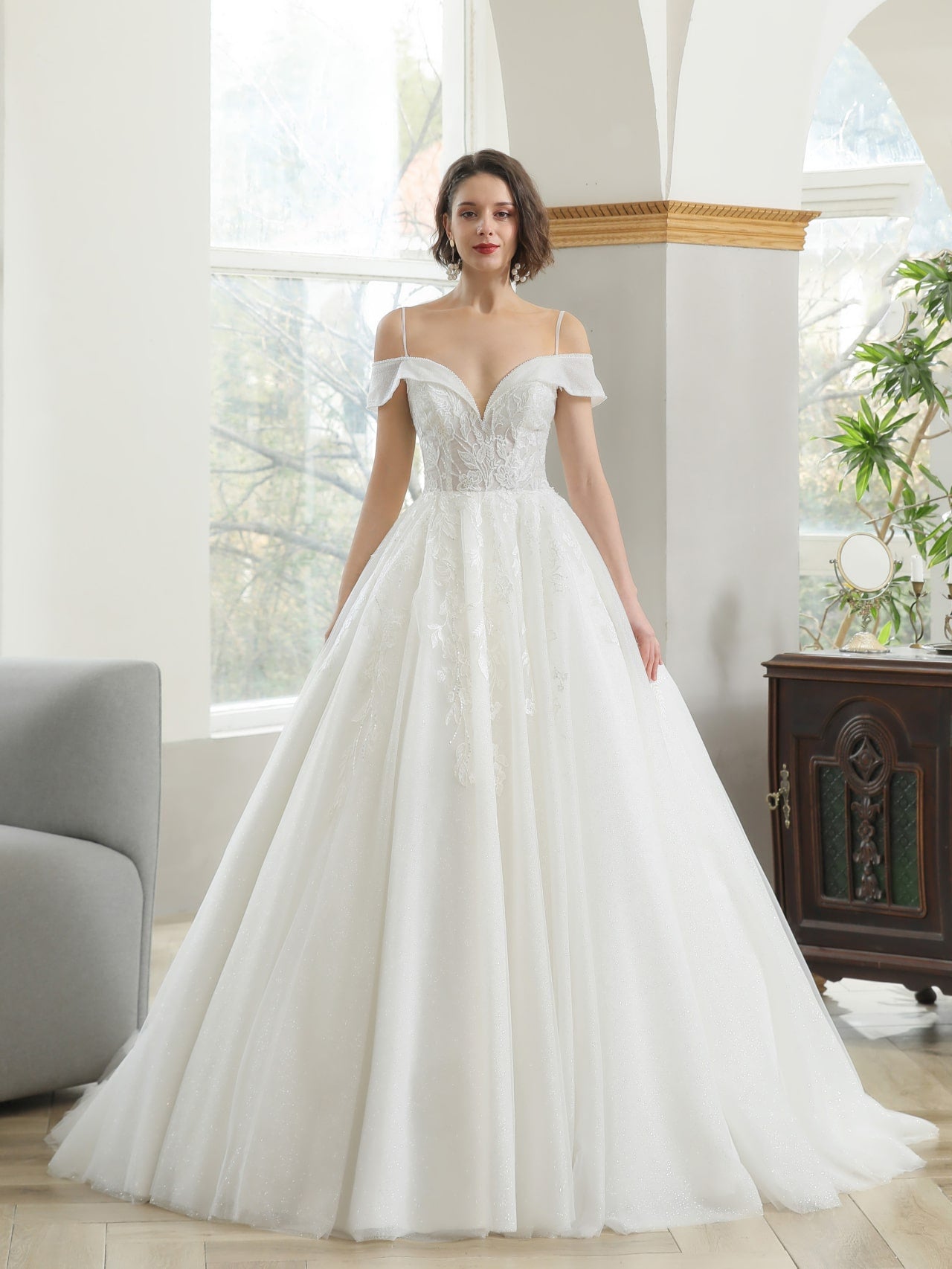 Off Shoulder Sequin Floral Lace Glitter Full A-Line Wedding Dress Blake