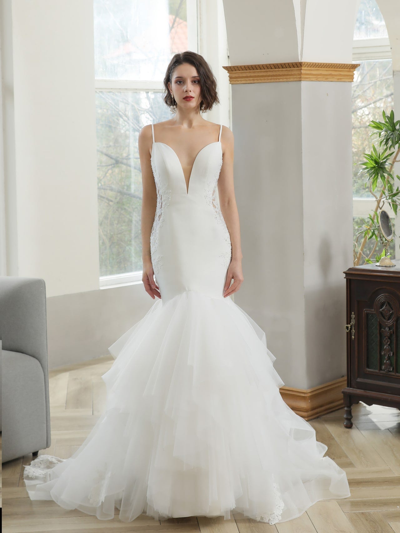 Sequin Floral Tiered Tulle Mermaid Wedding Dress Tanya - A.Cherie Couture Shop