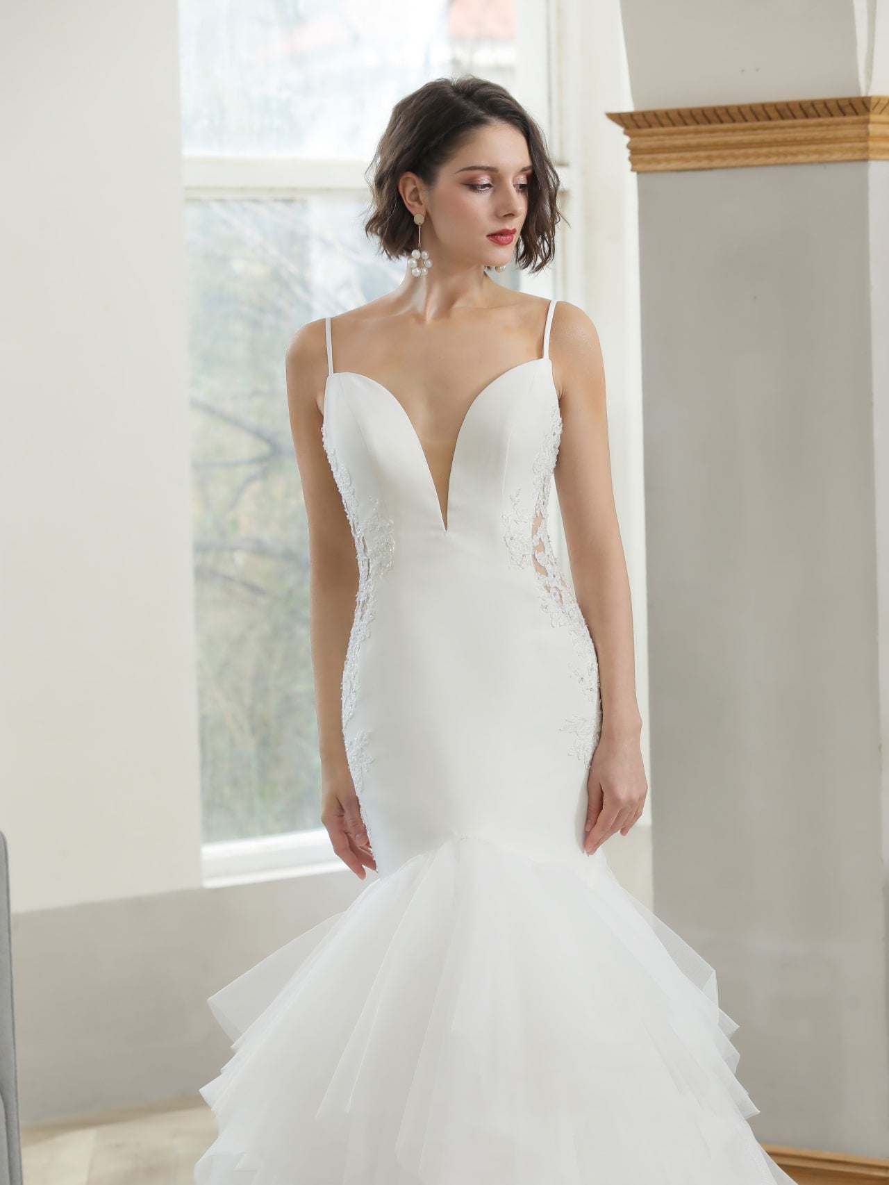 Sequin Floral Tiered Tulle Mermaid Wedding Dress Tanya - A.Cherie Couture Shop