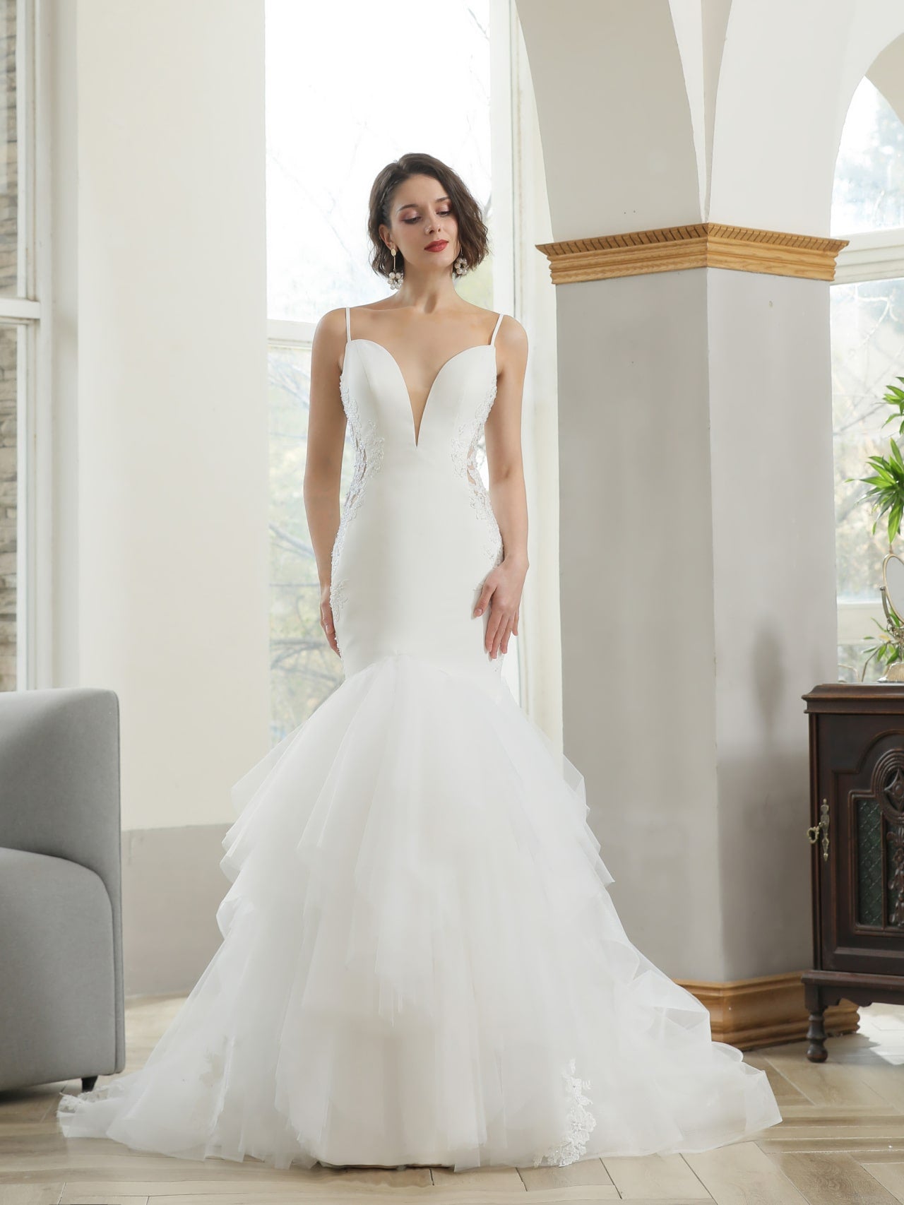 Sequin Floral Tiered Tulle Mermaid Wedding Dress Tanya - A.Cherie Couture Shop