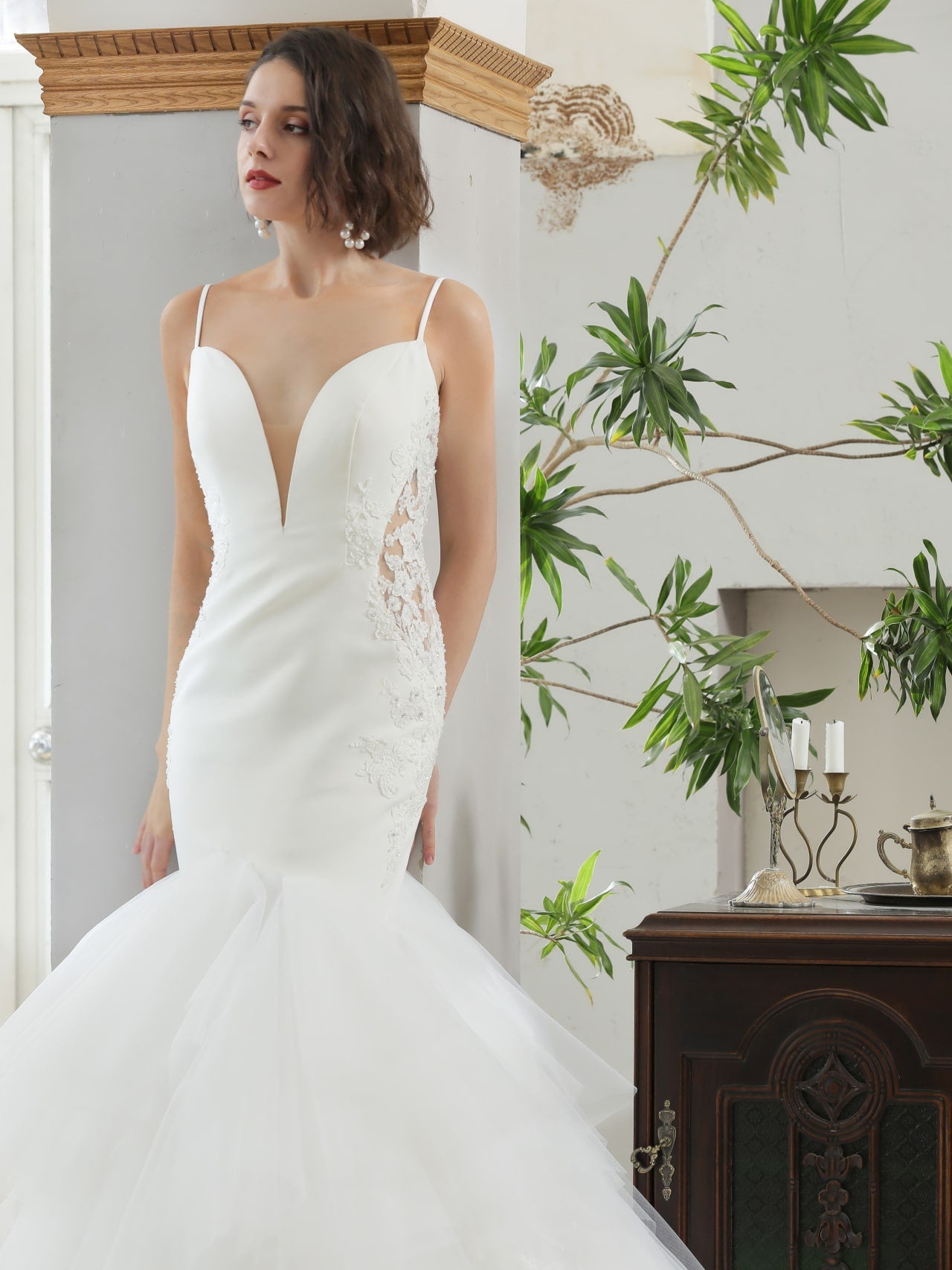 Sequin Floral Tiered Tulle Mermaid Wedding Dress Tanya - A.Cherie Couture Shop