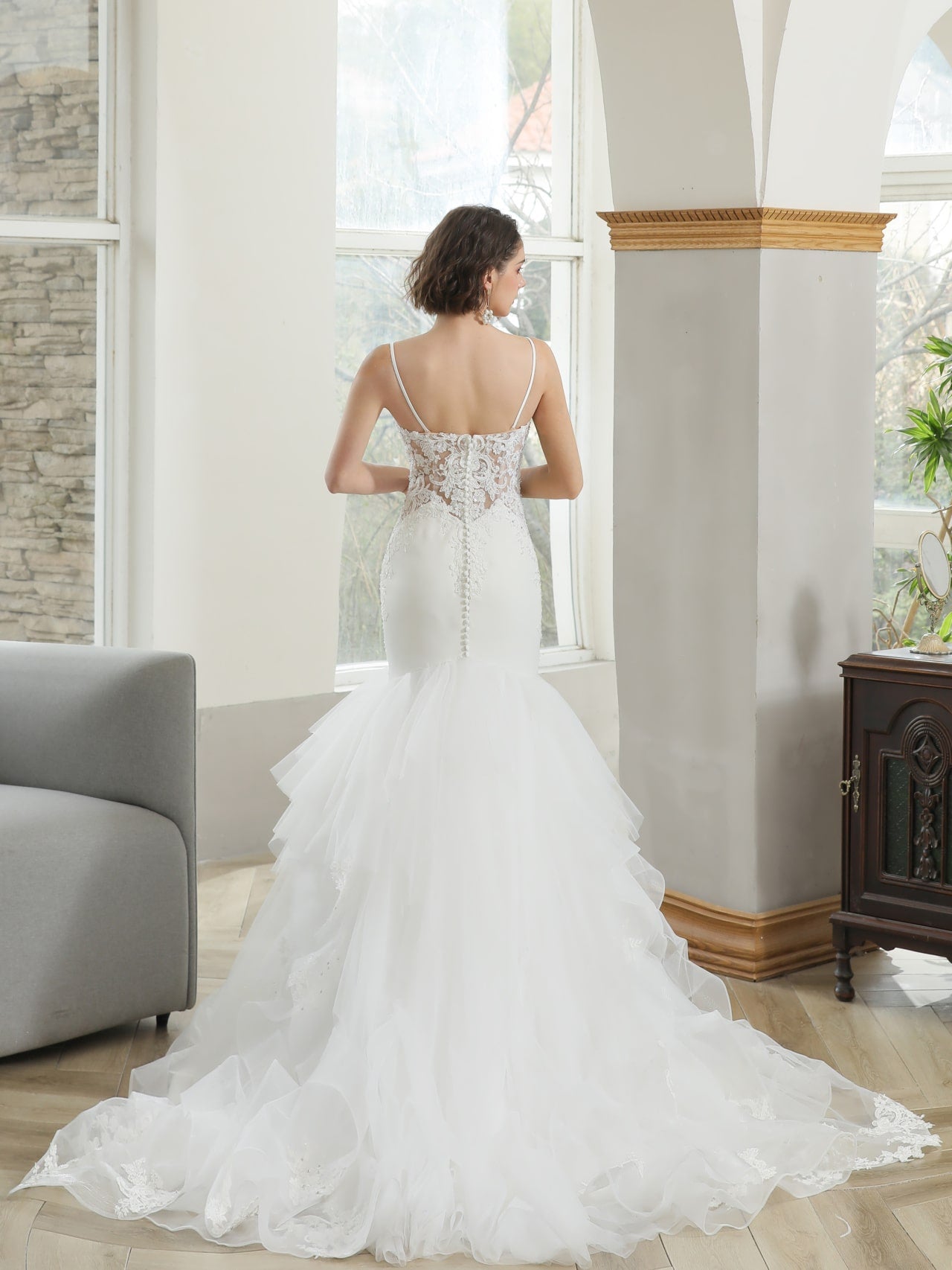 Sequin Floral Tiered Tulle Mermaid Wedding Dress Tanya - A.Cherie Couture Shop