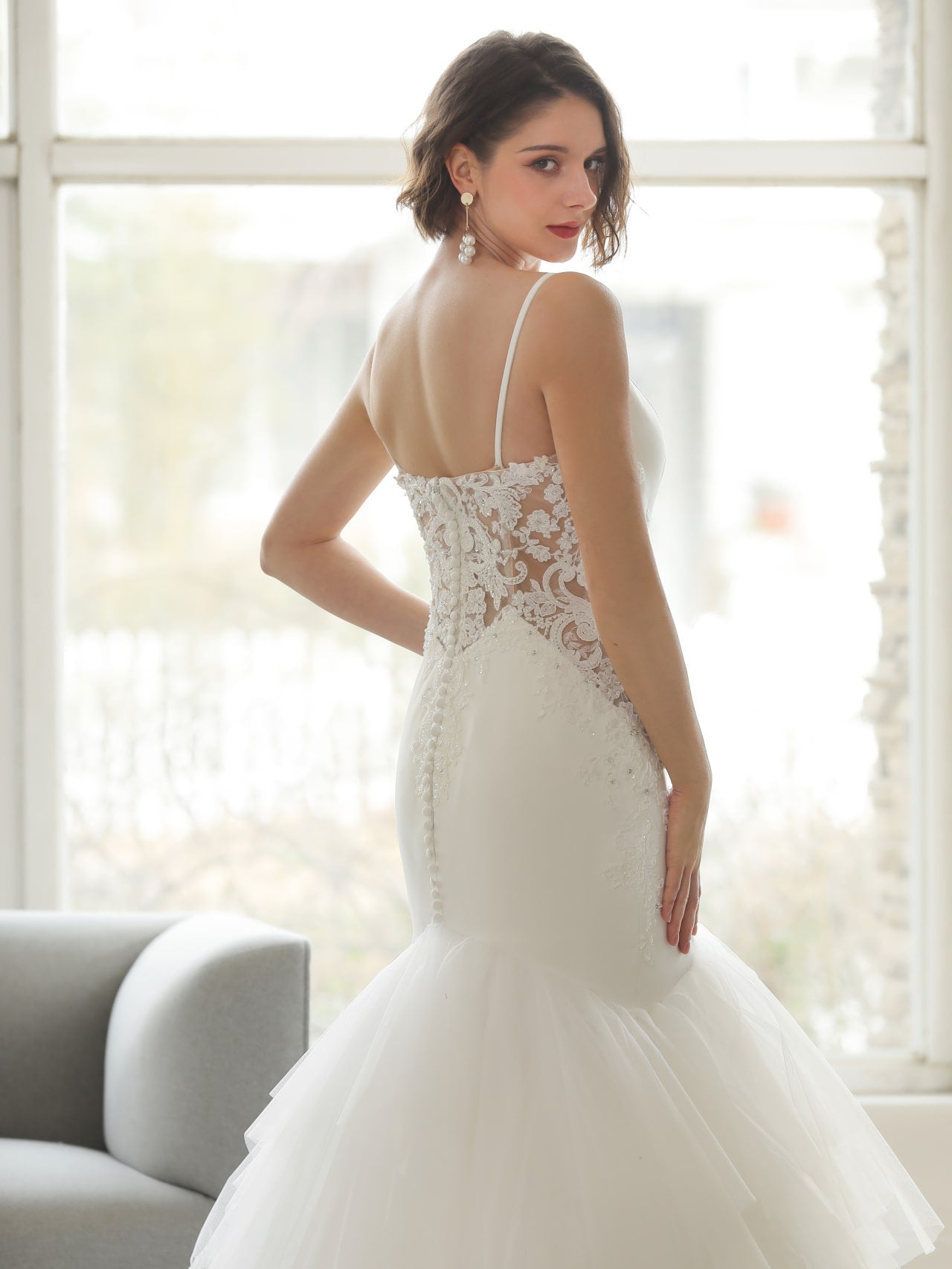 Sequin Floral Tiered Tulle Mermaid Wedding Dress Tanya - A.Cherie Couture Shop