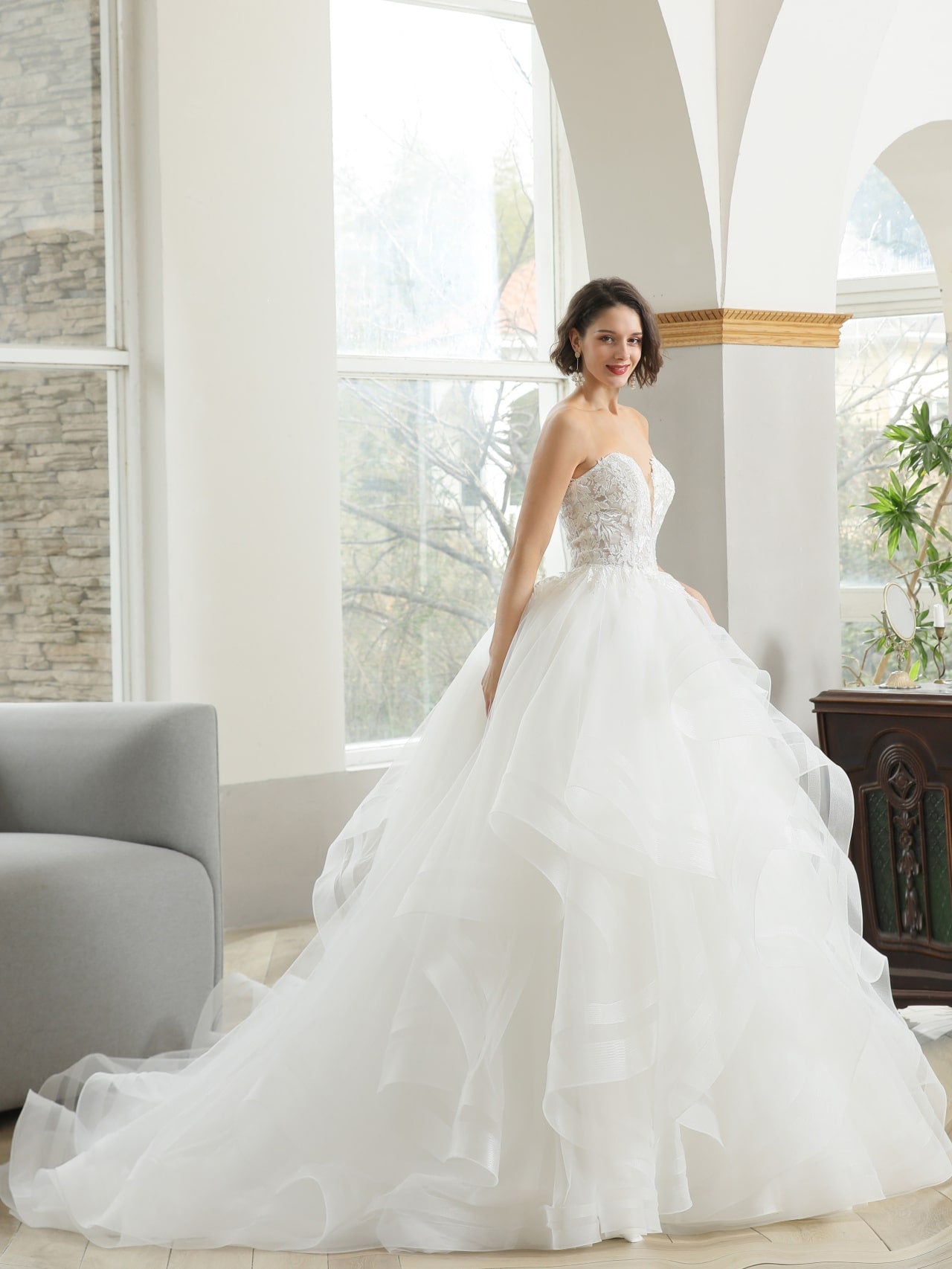 Tiered Organza Skirt Floral Lace Ball Gown Wedding Dress | Bridget