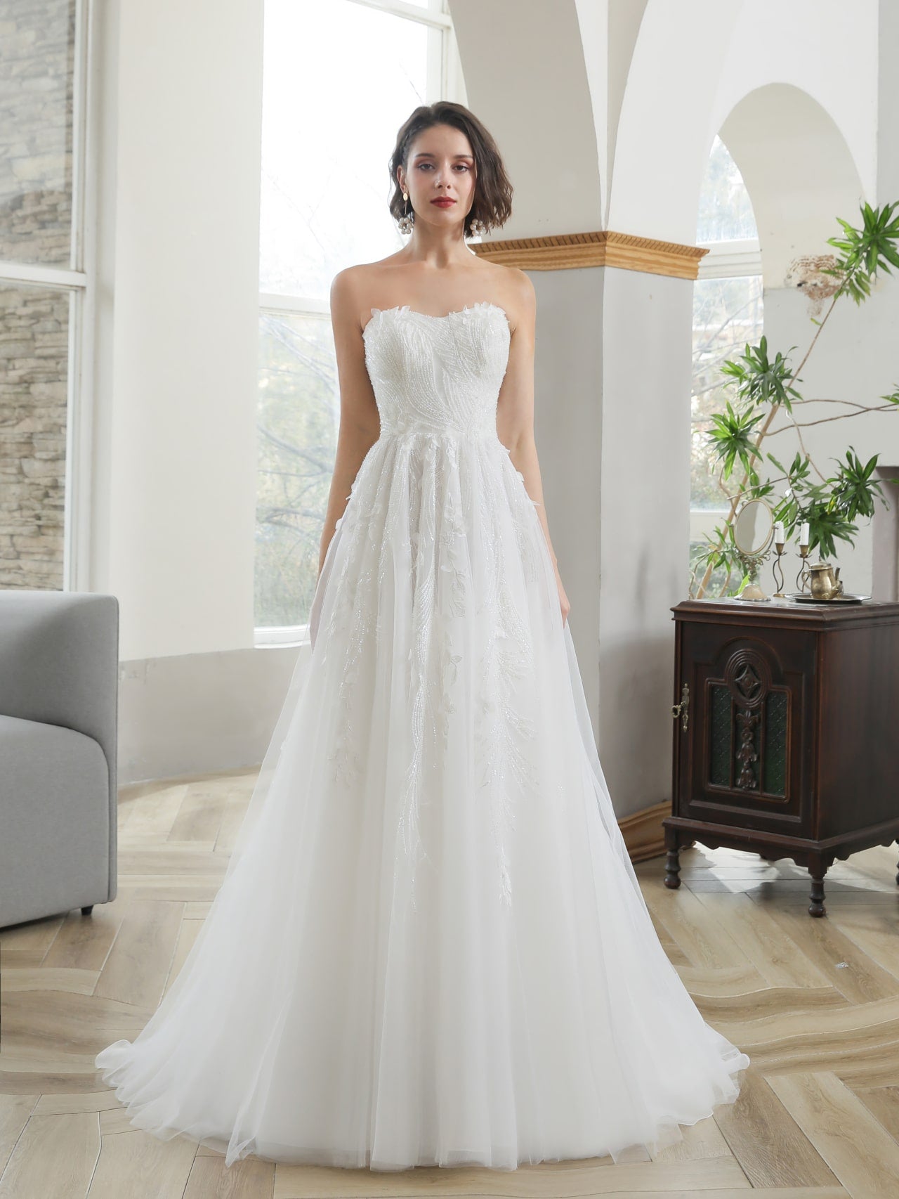 Strapless 3D Leaf Beaded Sequin Lace A-Line Wedding Dress Ophelia - A.Cherie Couture Shop