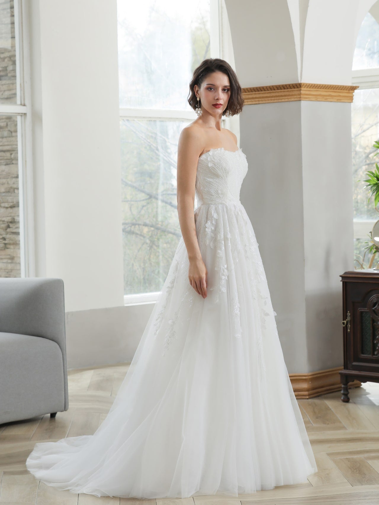 Strapless 3D Leaf Beaded Sequin Lace A-Line Wedding Dress Ophelia - A.Cherie Couture Shop