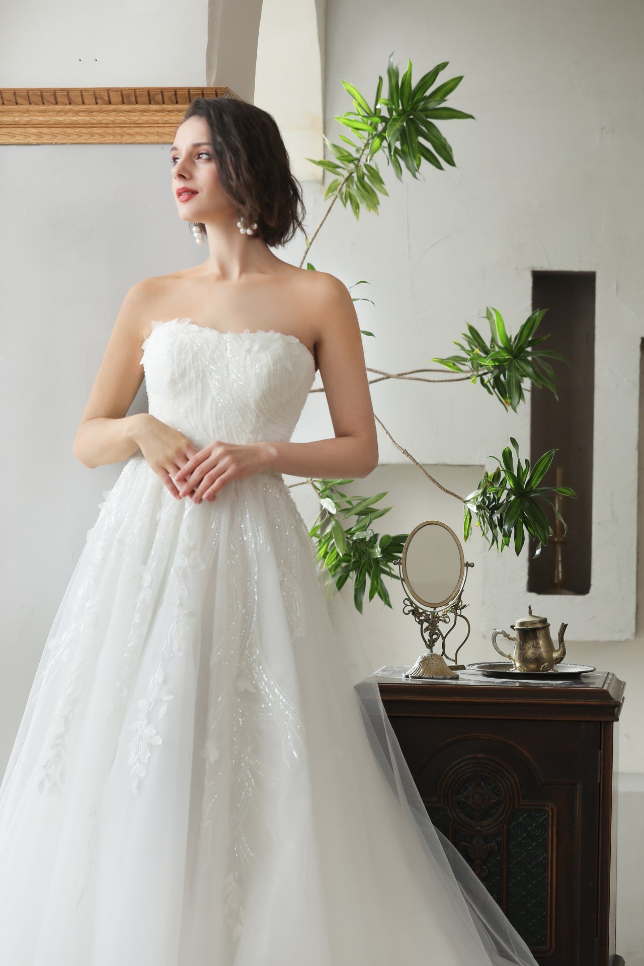 Strapless 3D Leaf Beaded Sequin Lace A-Line Wedding Dress Ophelia - A.Cherie Couture Shop